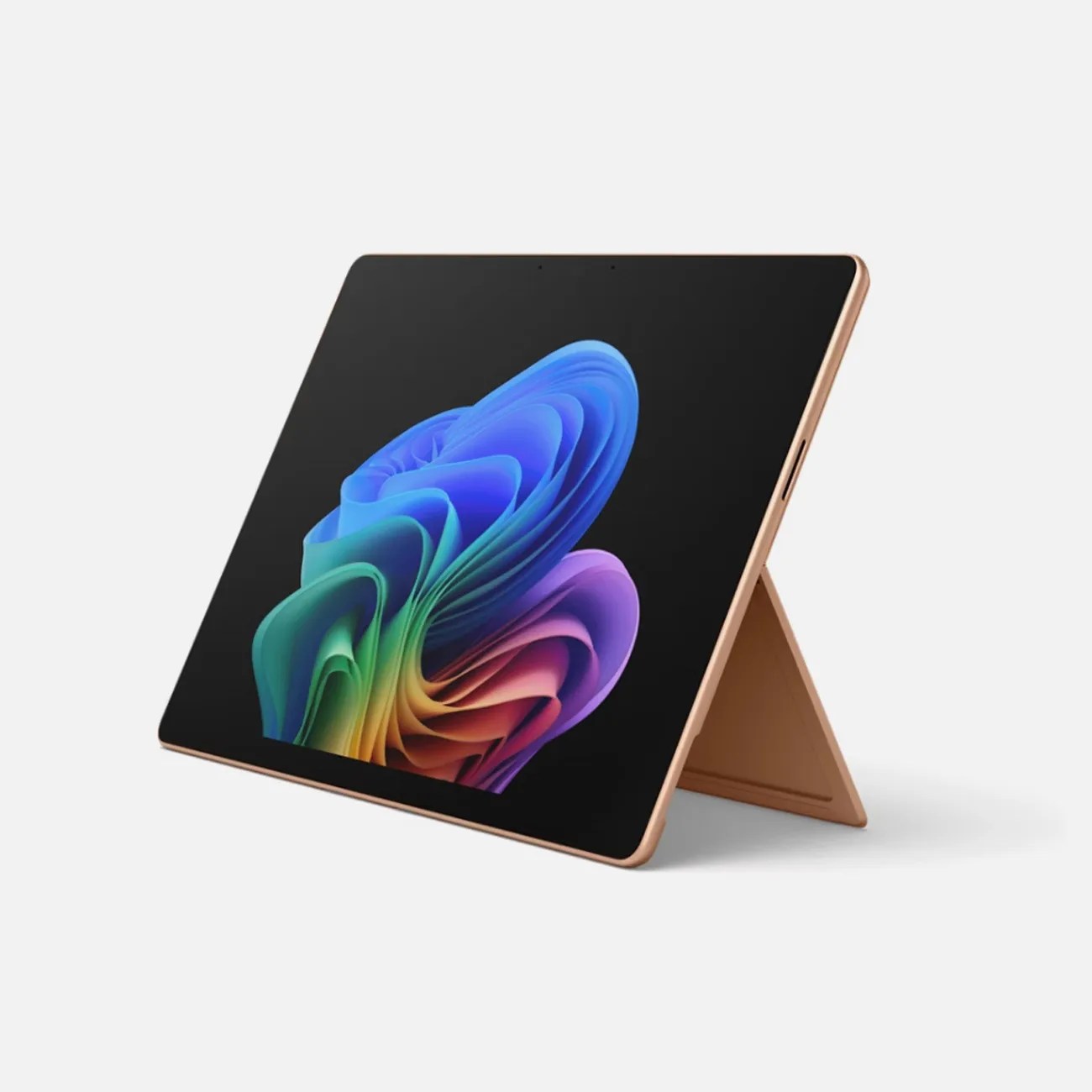 Gold tablet with a colorful abstract wallpaper on screen, supported by a built-in kickstand.