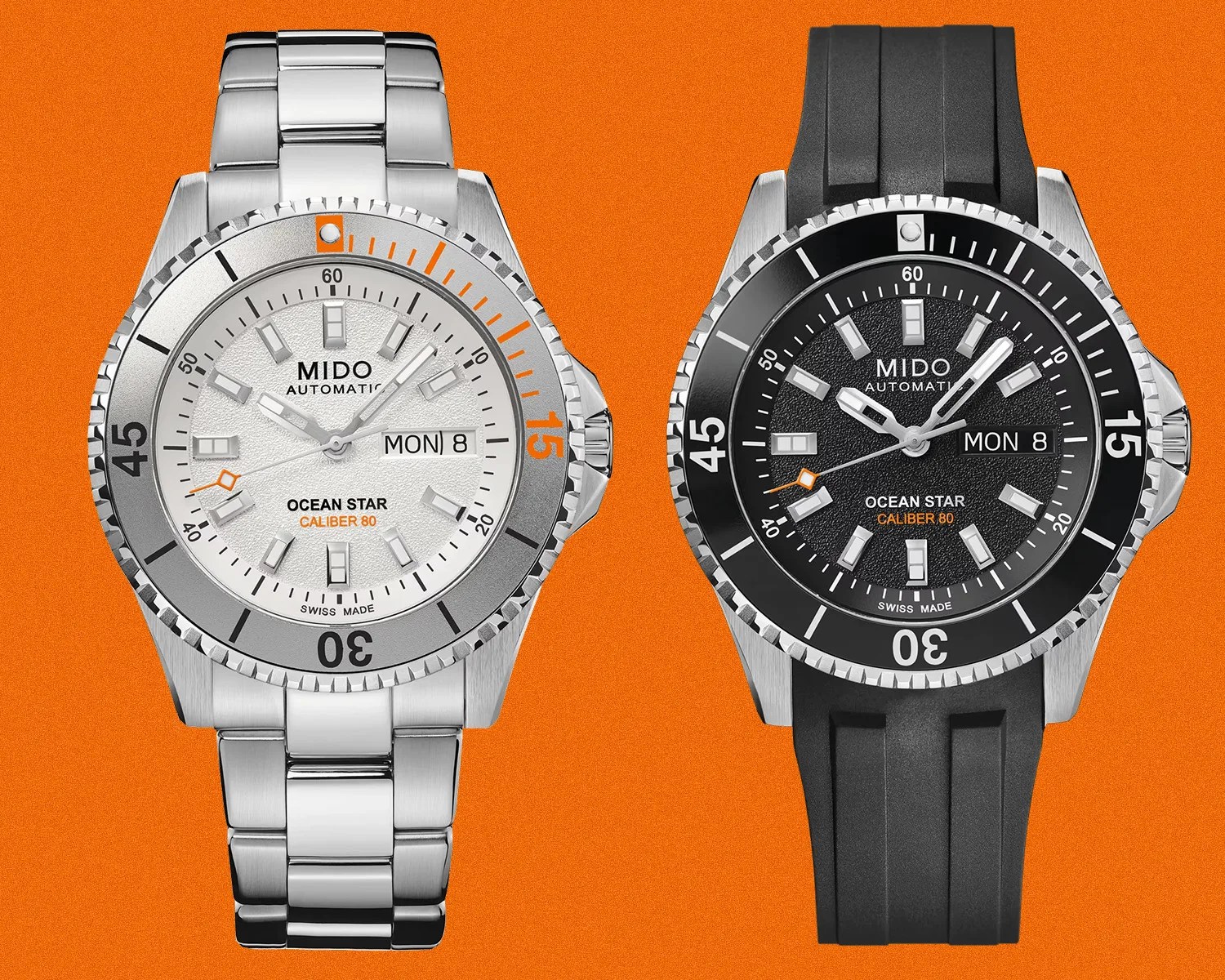 Two Mido Ocean Star Caliber 80 automatic watches side by side, one with a silver dial and metal bracelet, the other with a black dial and black rubber strap.