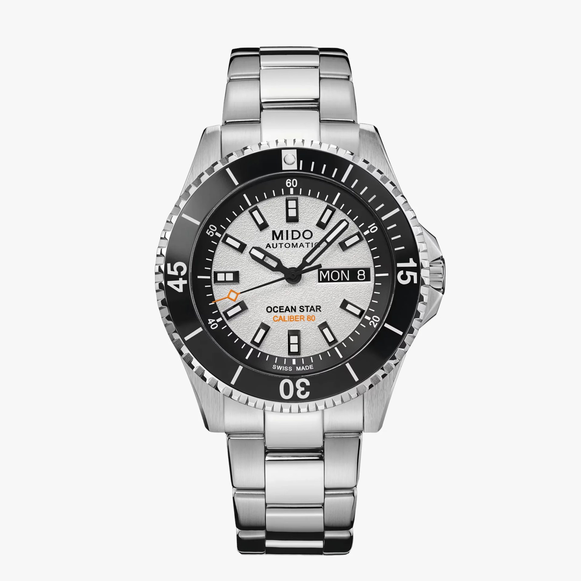Silver stainless steel wristwatch with black bezel, white textured dial, and day-date display.