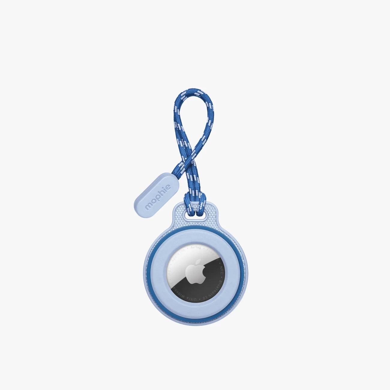 Blue Mophie AirTag holder with a looped blue and white cord attached.