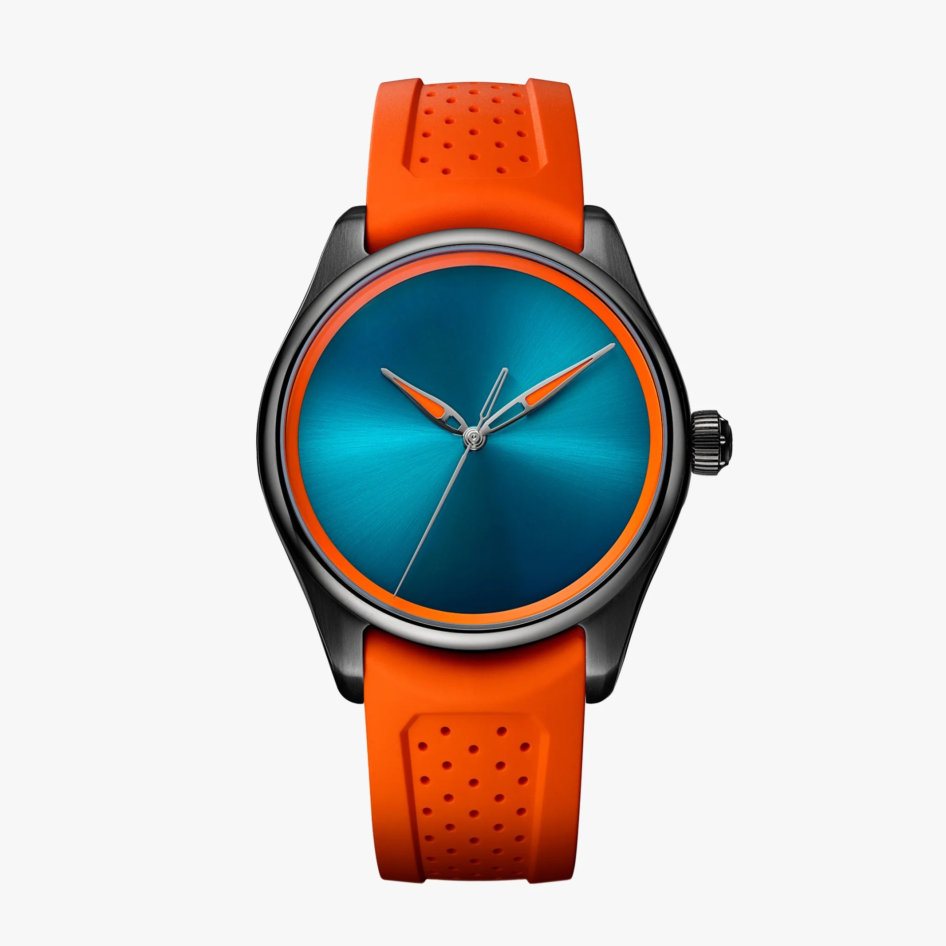 Round black watch with blue dial, orange accents, and perforated orange silicone strap.