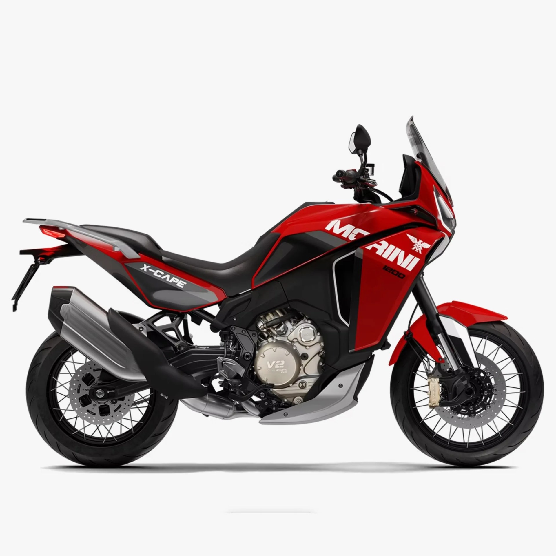 Red and black Moto Morini X-Cape 1200 motorcycle with visible engine and exhaust system.