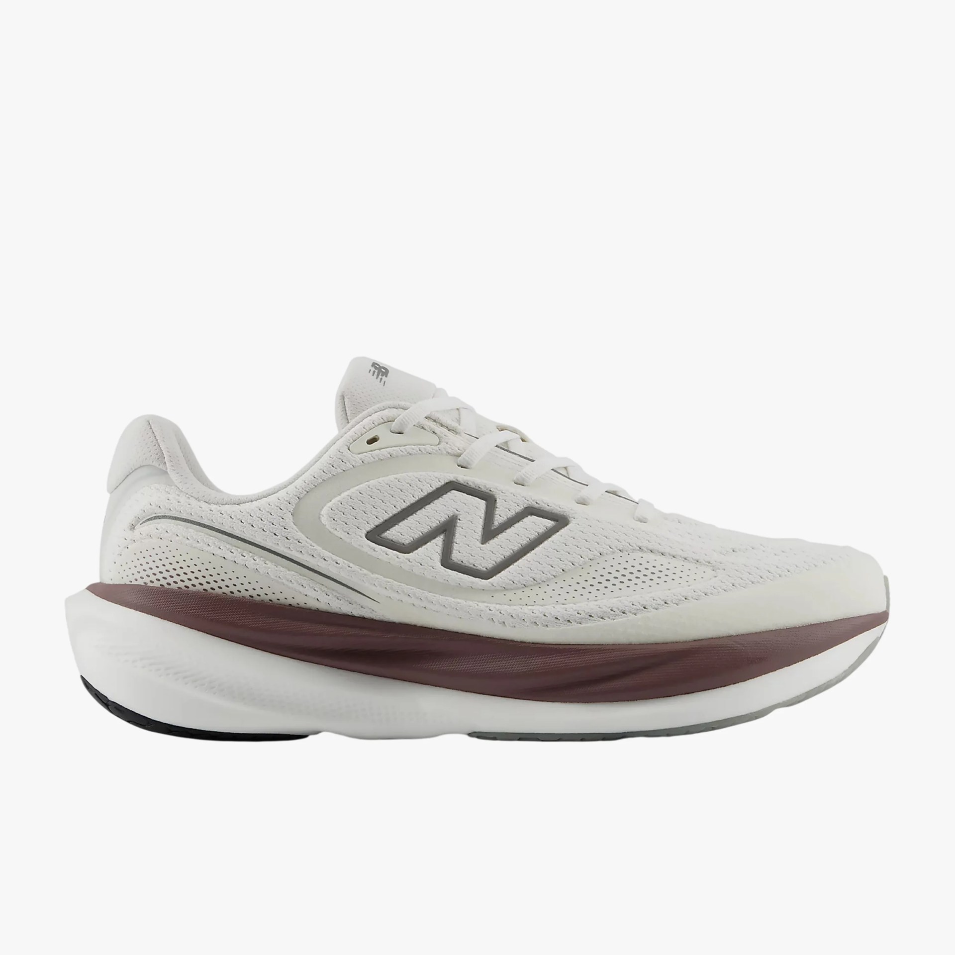 White New Balance running shoe with gray logo and maroon midsole on a white background.