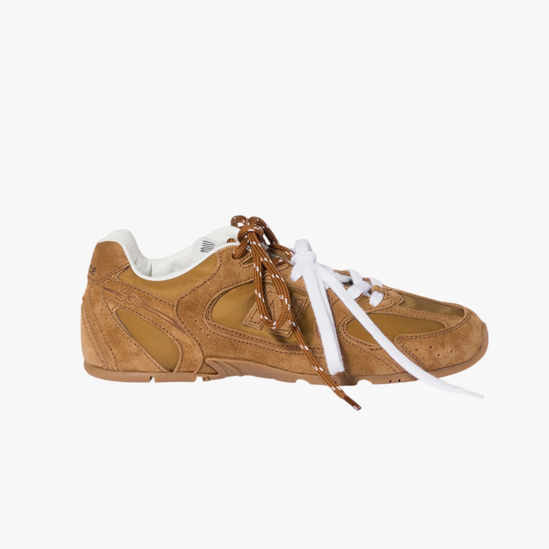 Brown suede and leather sneaker with white and brown laces and a white cushioned collar.