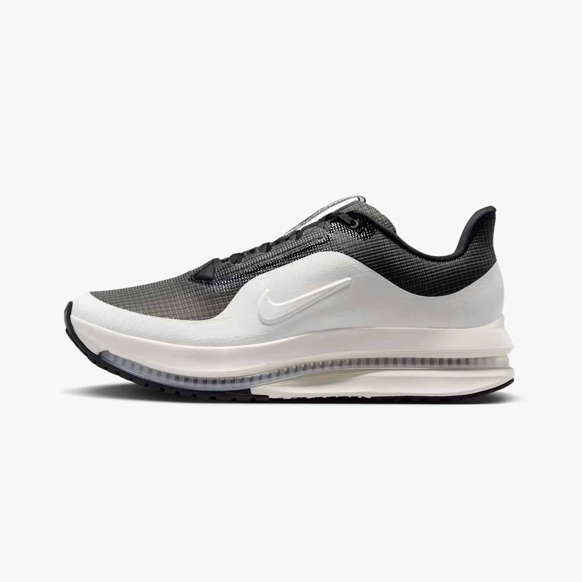 Black and white Nike running shoe with visible air cushion sole and mesh upper.