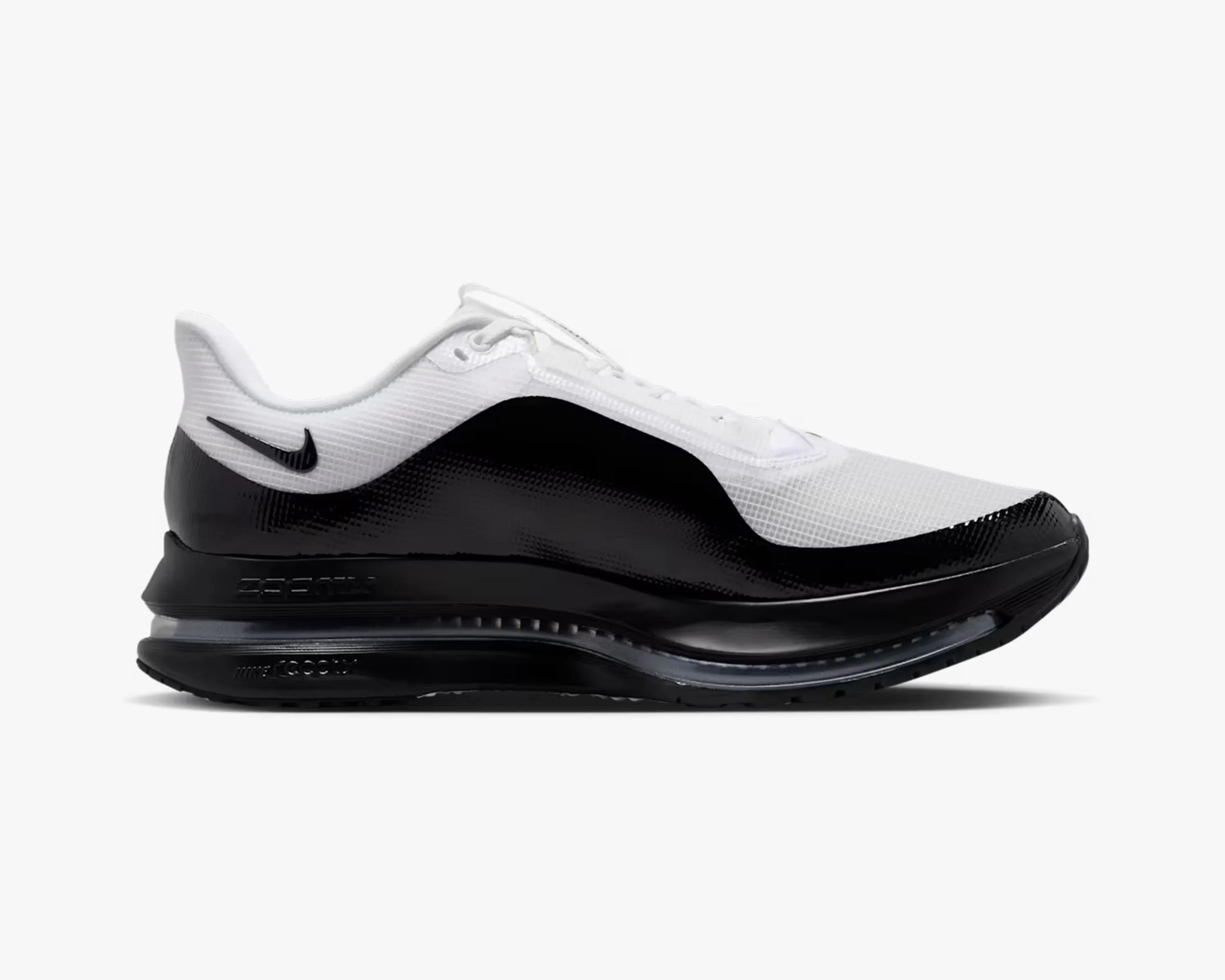 Black and white Nike Air Max sneaker with visible air cushioning and a black swoosh logo.