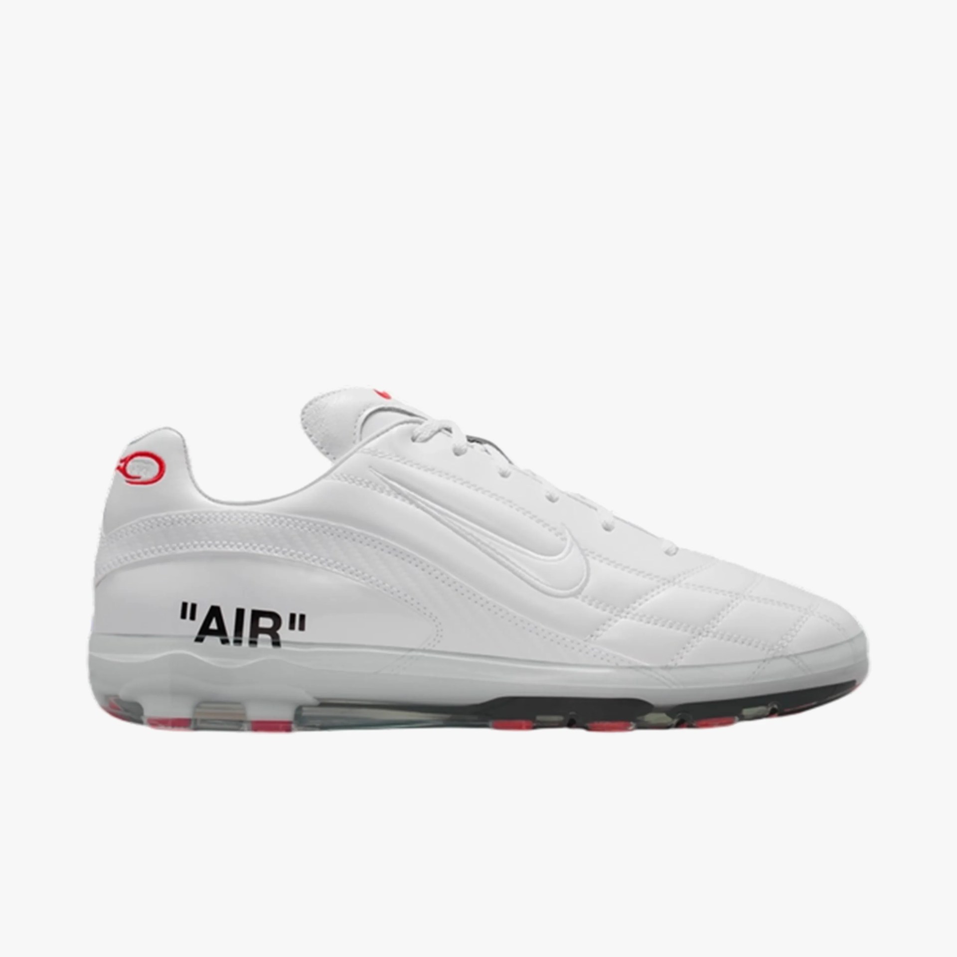 White leather sneaker with "AIR" text on the heel and red accents on the sole and heel tab.