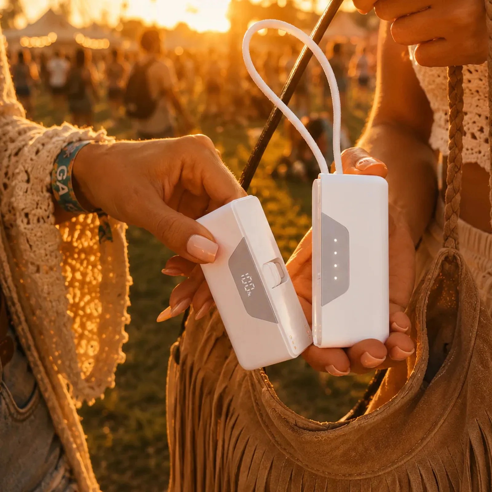 Two hands holding white portable electronic devices with LED indicators and a braided brown suede bag in warm sunset light.
