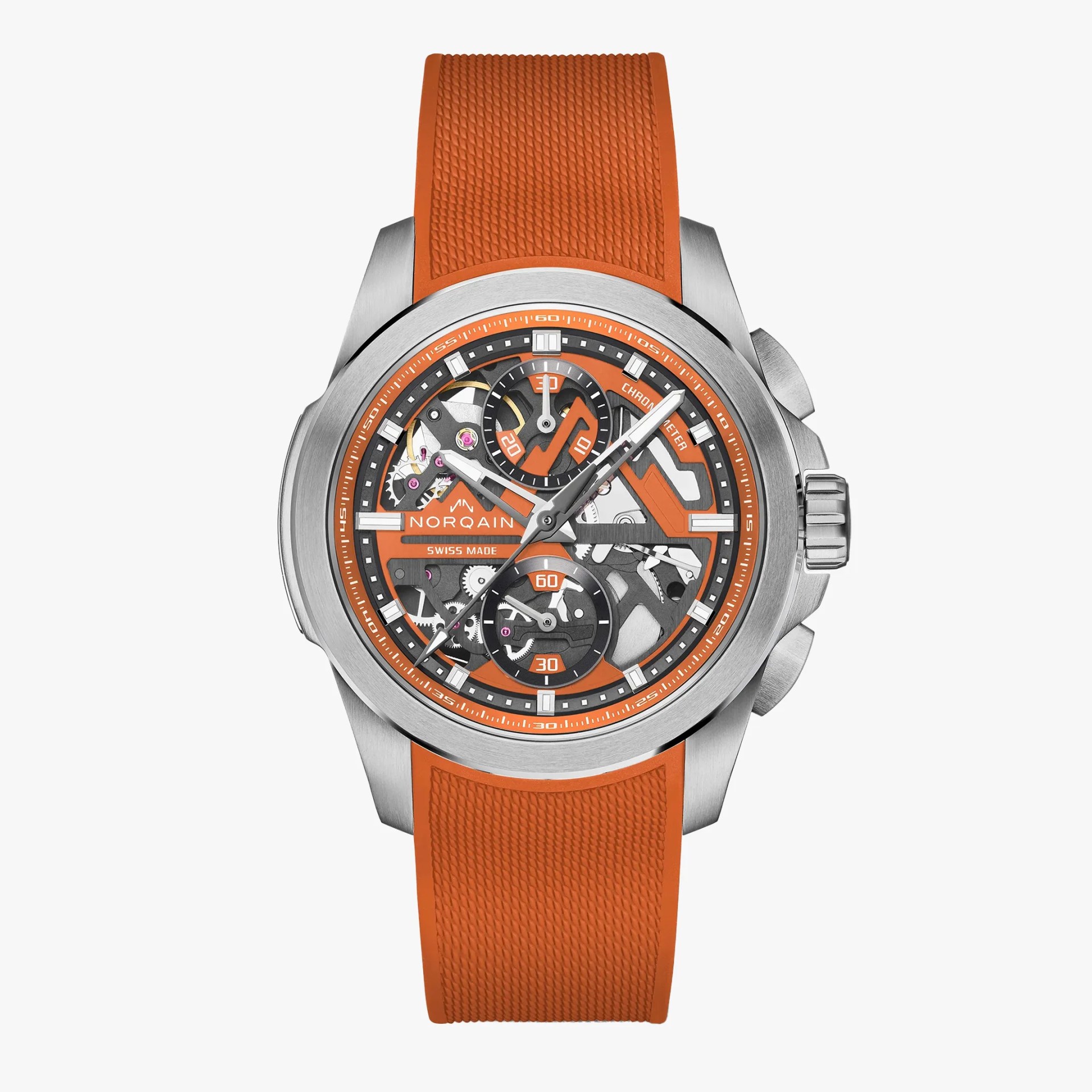 Silver Norqain chronometer watch with orange textured rubber strap and skeleton dial showing internal gears.