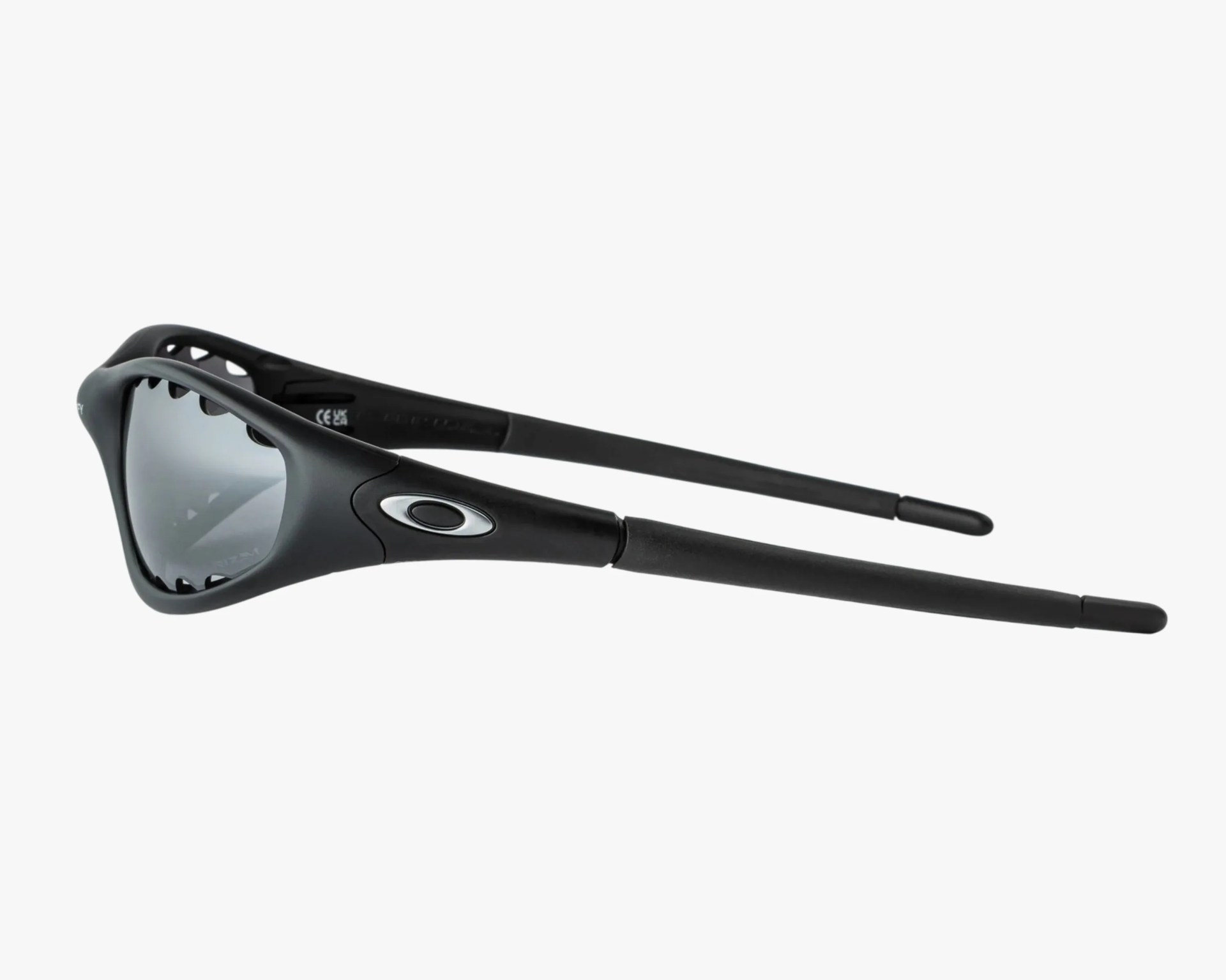 Black Oakley sunglasses with wraparound design and mirrored lenses.