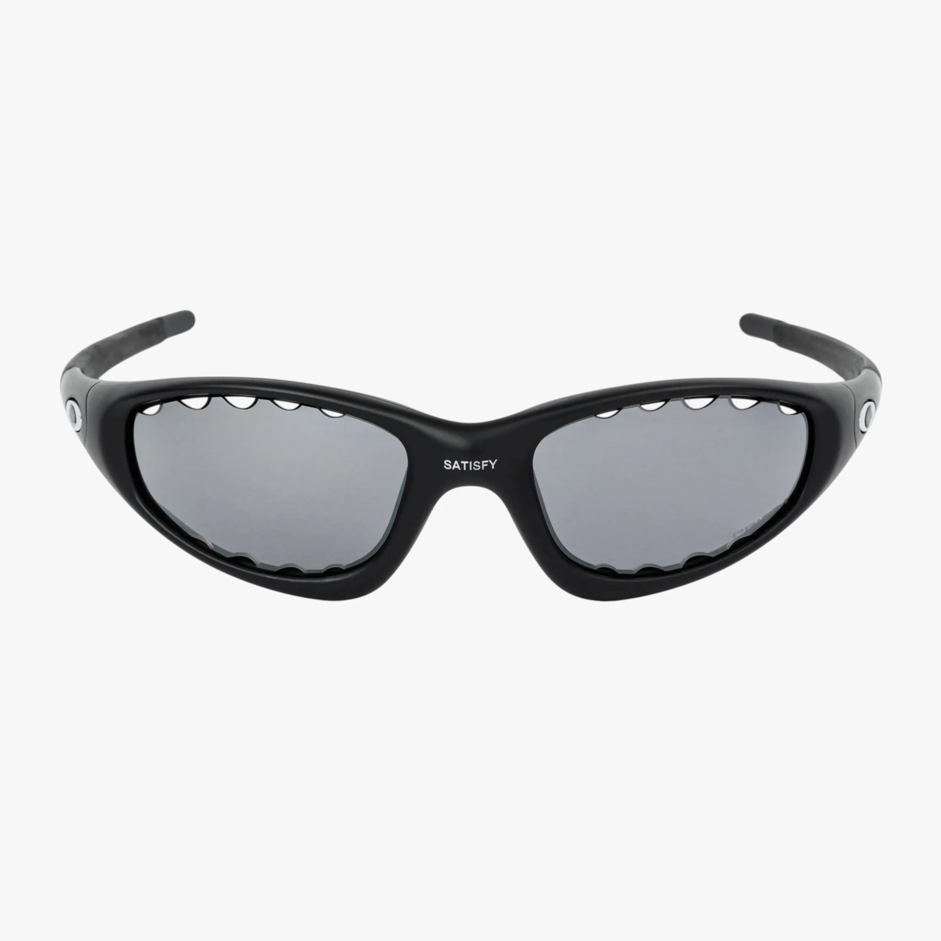 Black wraparound sunglasses with vented frame and gray lenses, labeled "SATISFY" on the bridge.