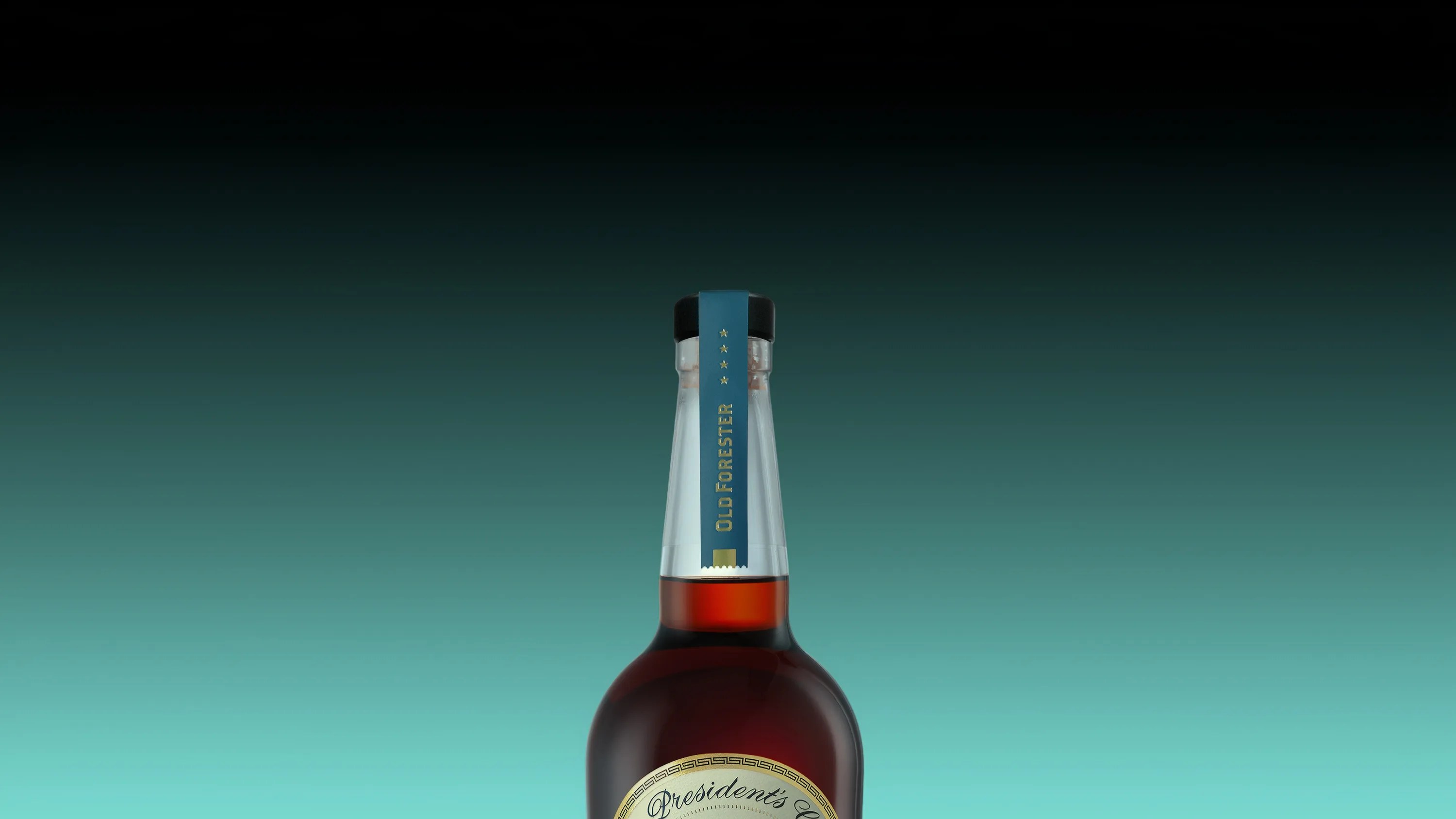 Top portion of a brown liquor bottle with a black cap and a blue seal labeled "OLD FORESTER" against a gradient teal background.