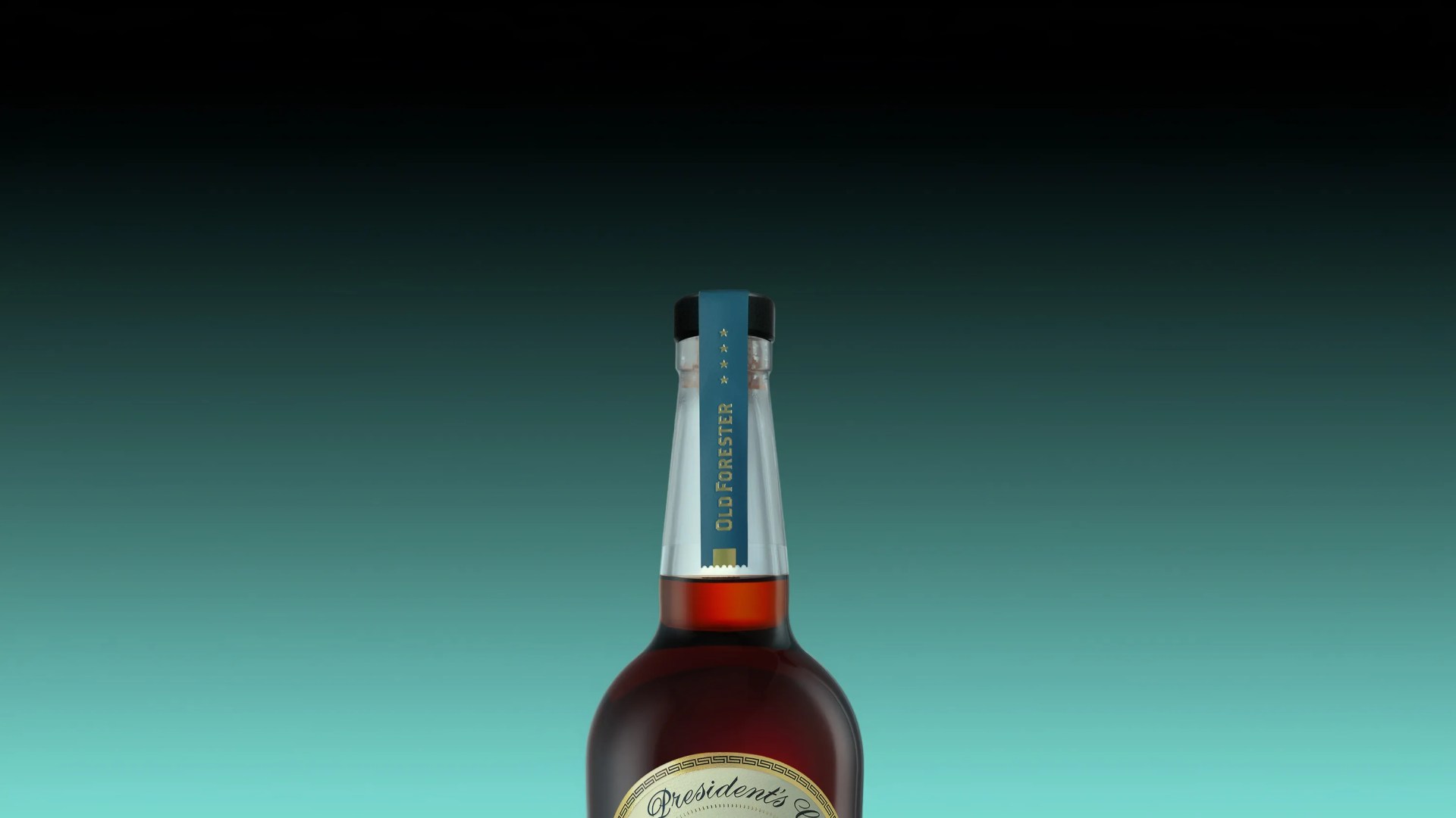 Top portion of a brown liquor bottle with a black cap and a blue seal labeled "OLD FORESTER" against a gradient teal background.