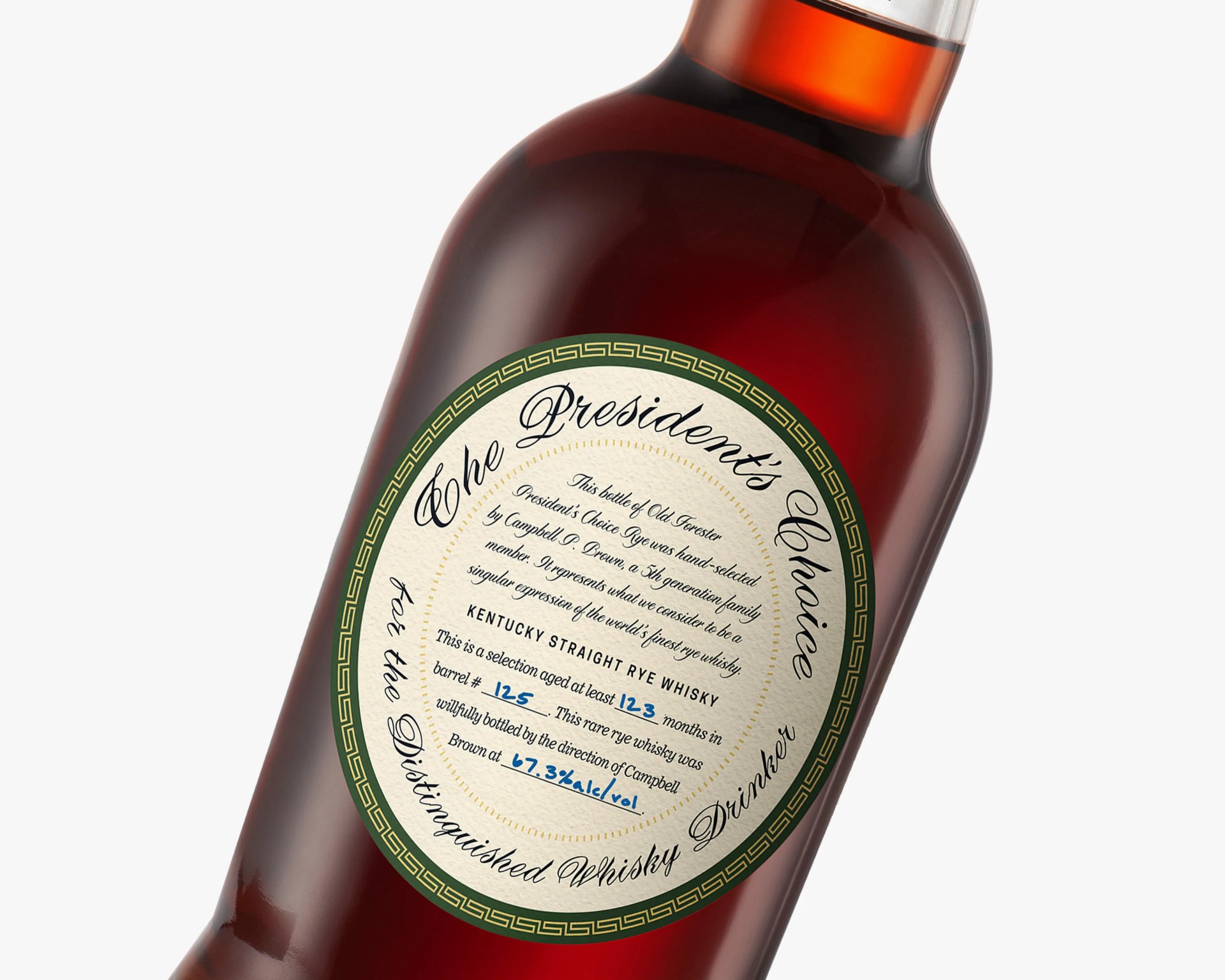 Close-up of a dark amber whiskey bottle labeled "The President's Choice" Kentucky Straight Rye Whisky with a green and gold bordered cream label.