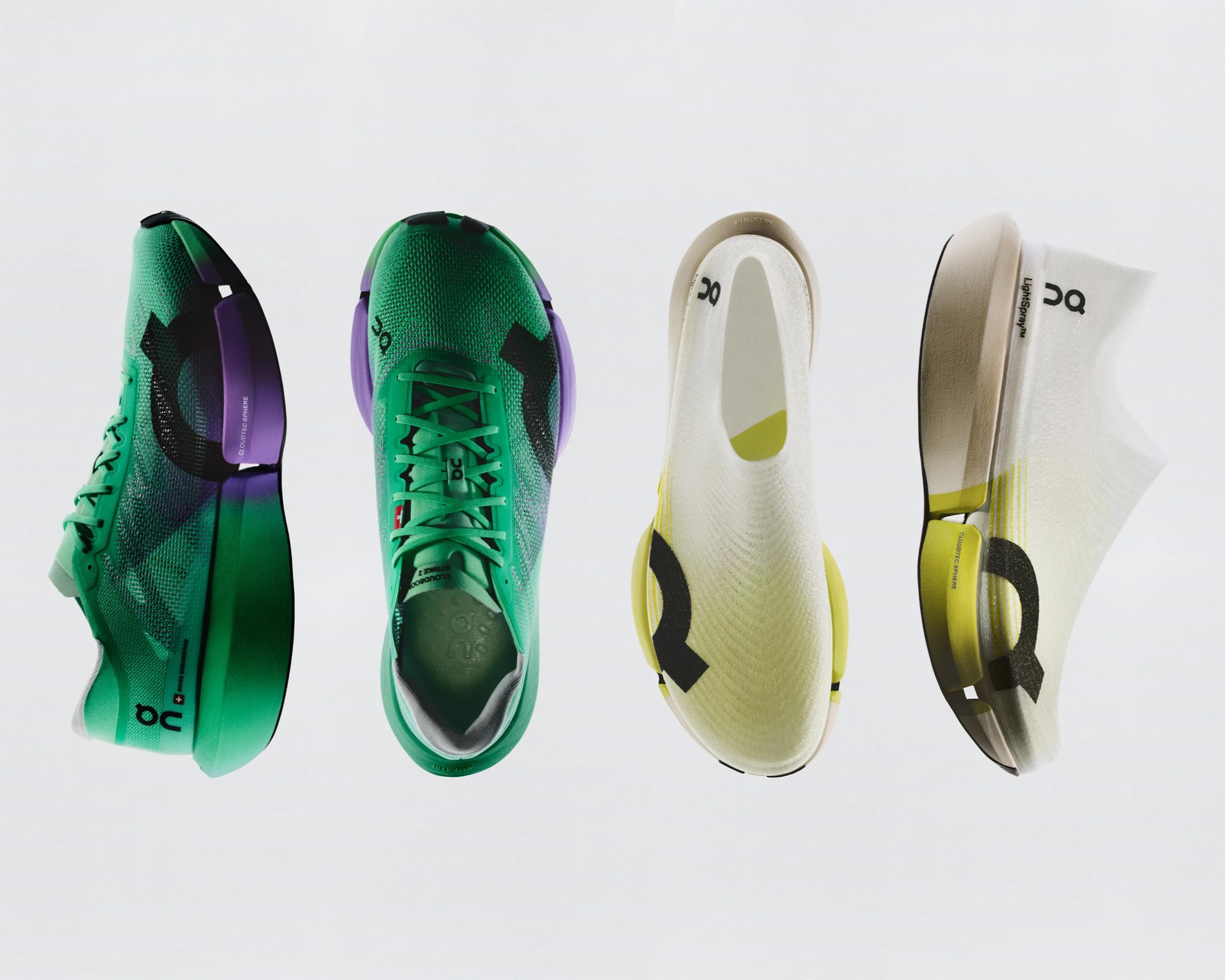 Two pairs of athletic shoes, one green with purple accents and the other white with yellow accents, shown from top and side views.