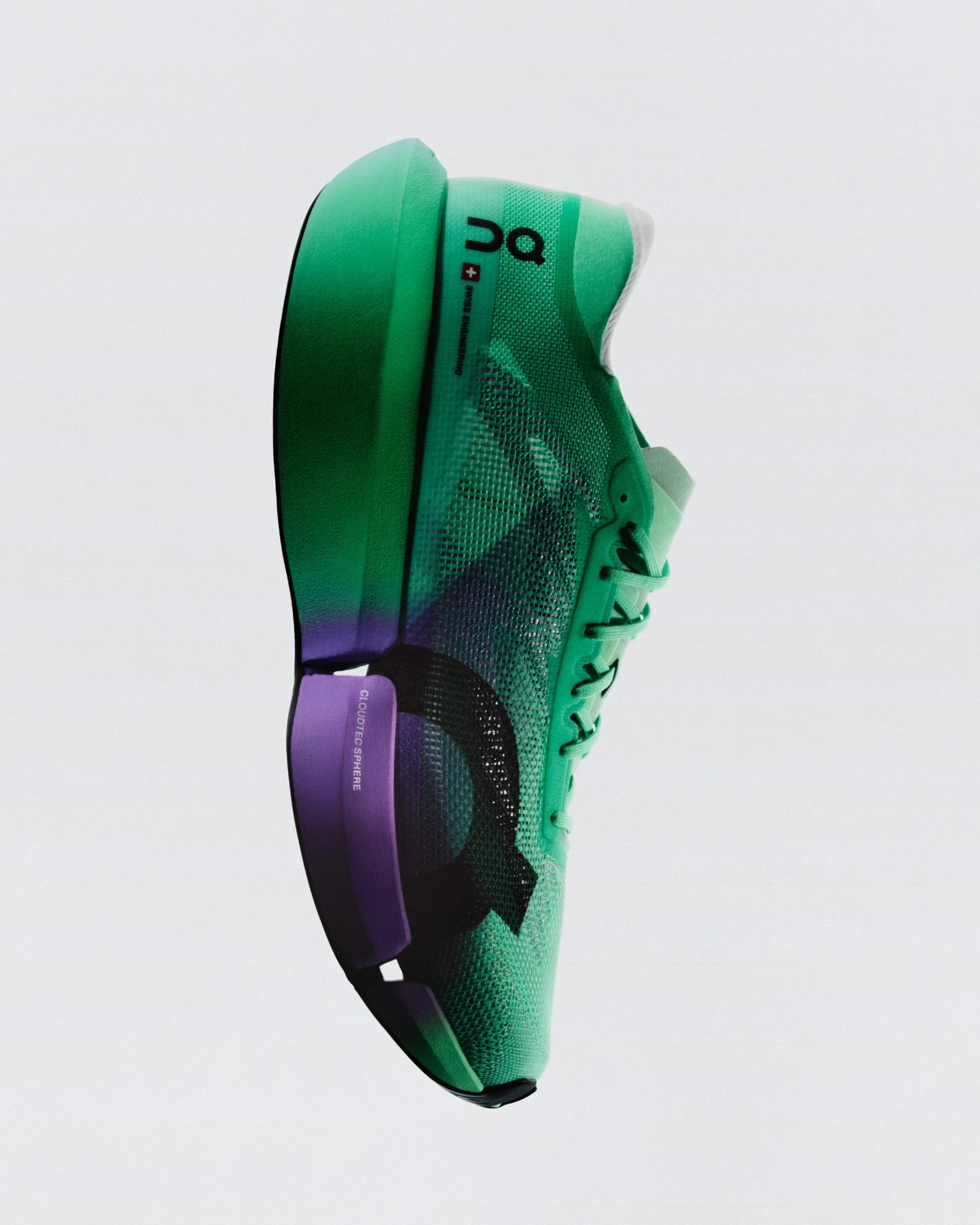 Green and purple running shoe with black logo and "Cloudtec Sphere" text on the heel.