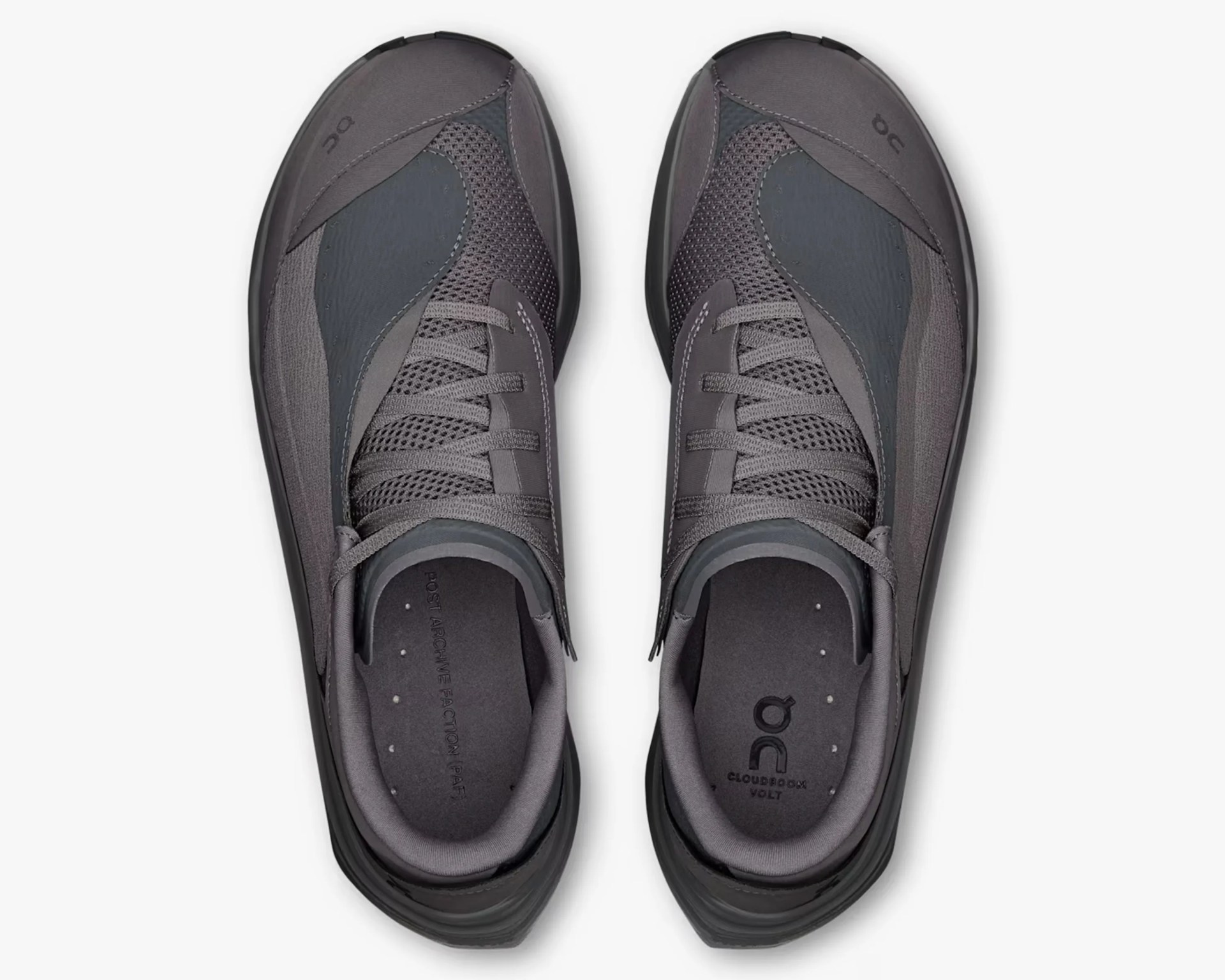 Pair of dark gray On Cloudboom Volt running shoes with mesh and synthetic upper, viewed from above.