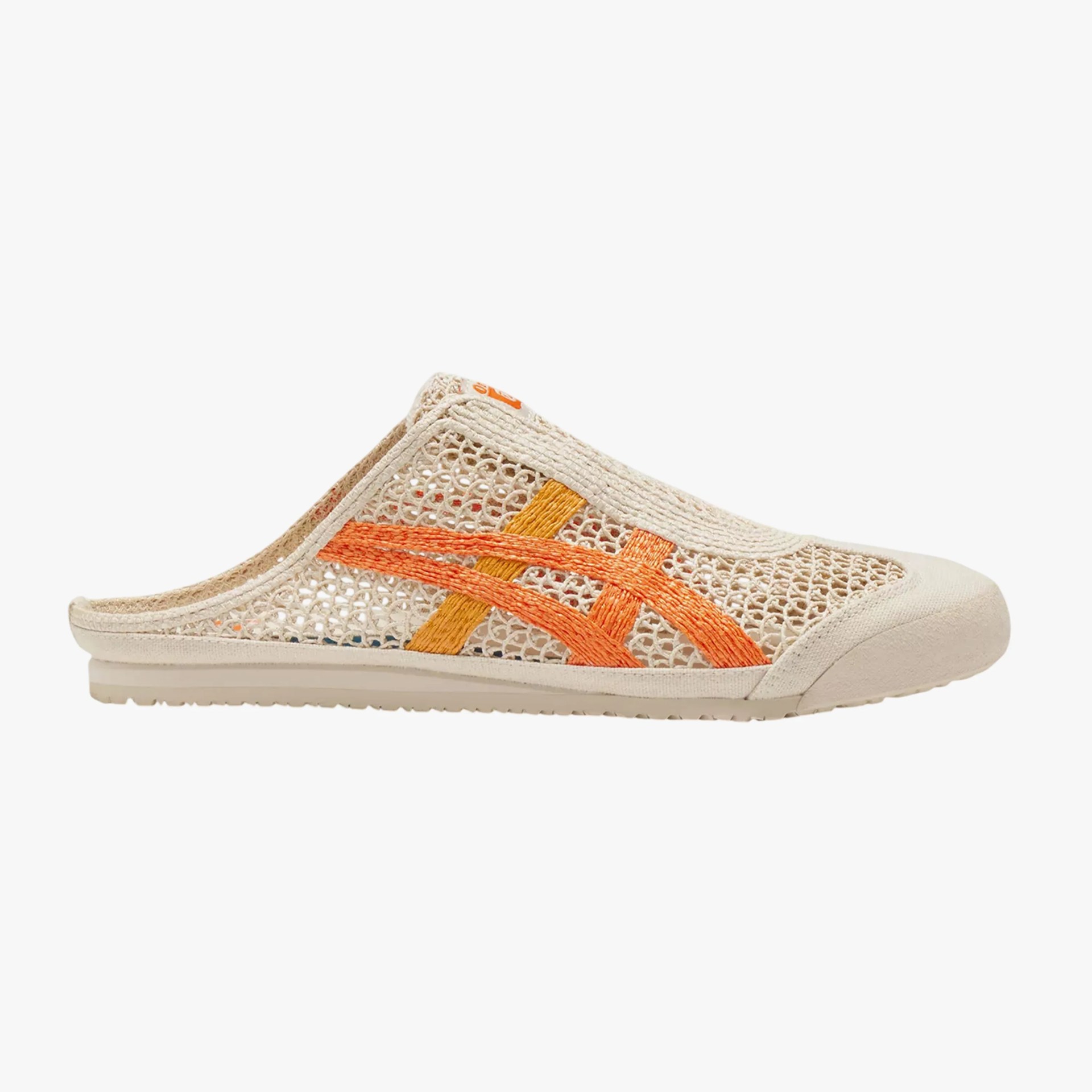 Beige slip-on shoe with orange and yellow woven stripes and a mesh upper.