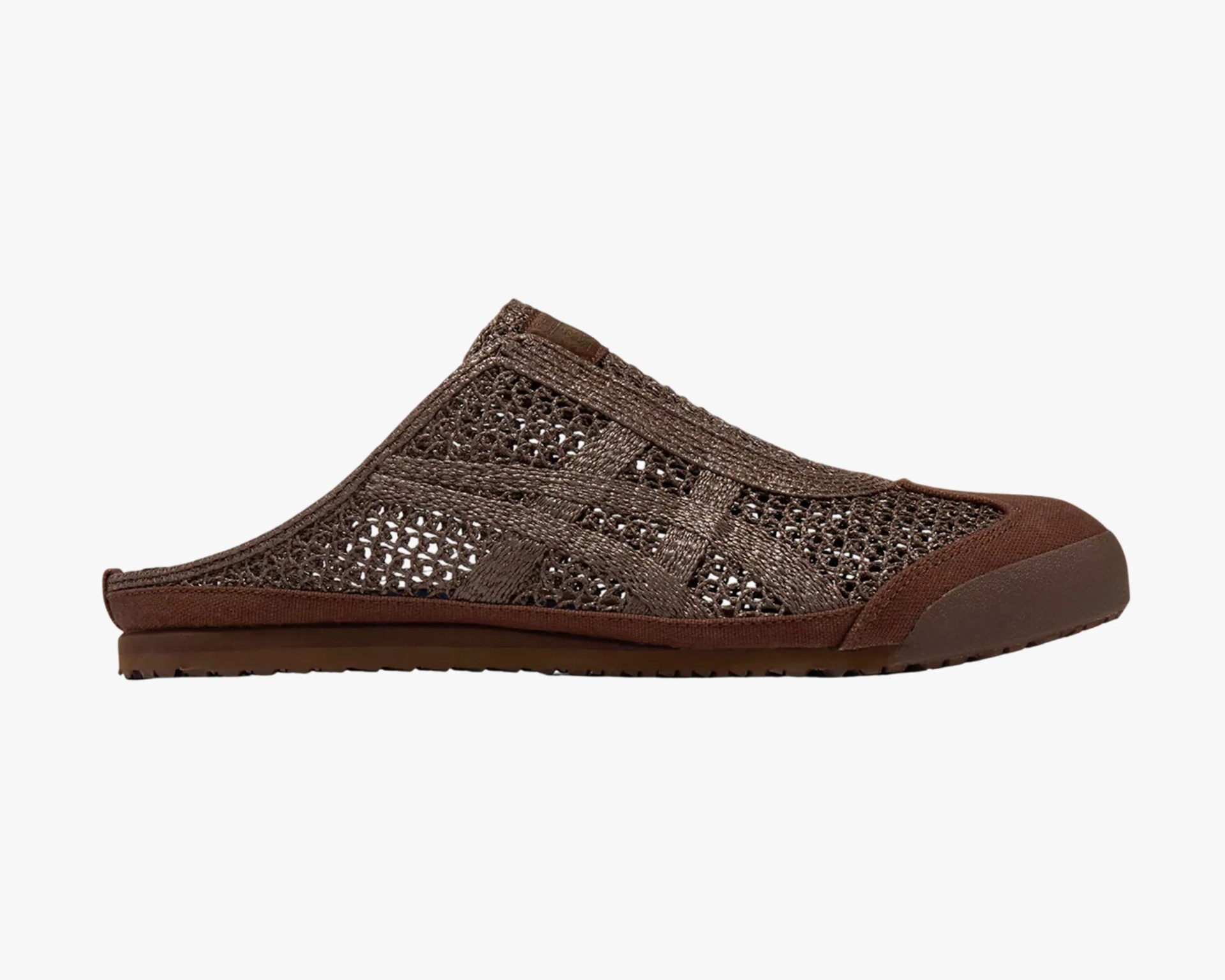 Brown woven slip-on shoe with rubber sole and closed toe.