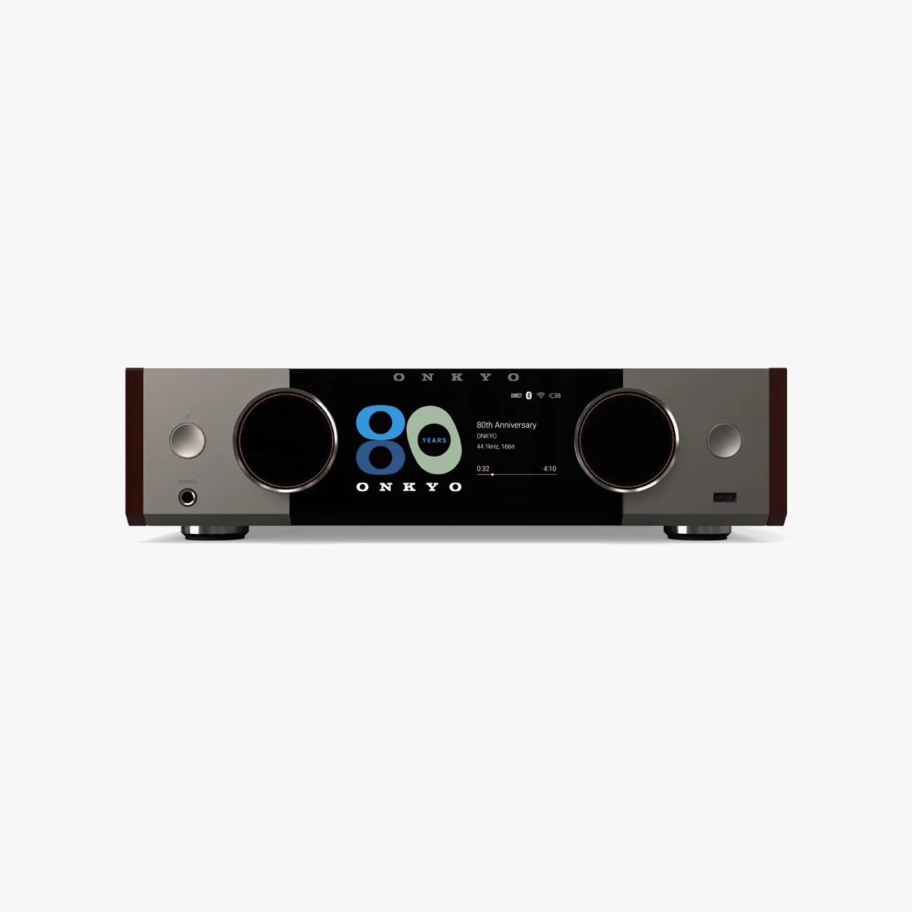 Front view of a silver and black Onkyo audio receiver with two large knobs and a digital display showing "80 Years ONKYO.
