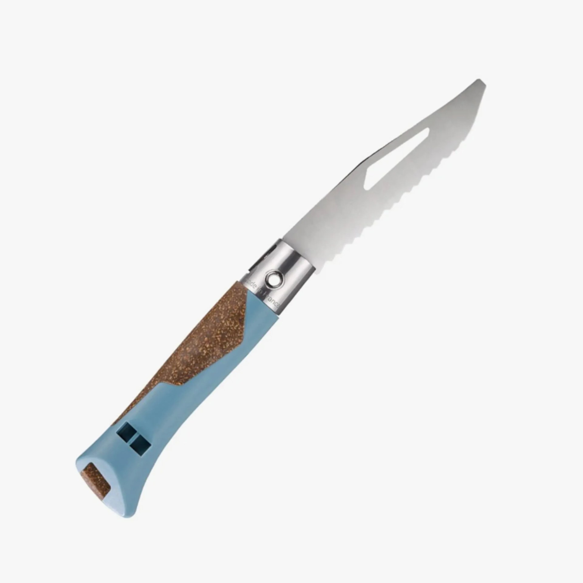 Serrated stainless steel knife blade with a blue and cork-textured handle.