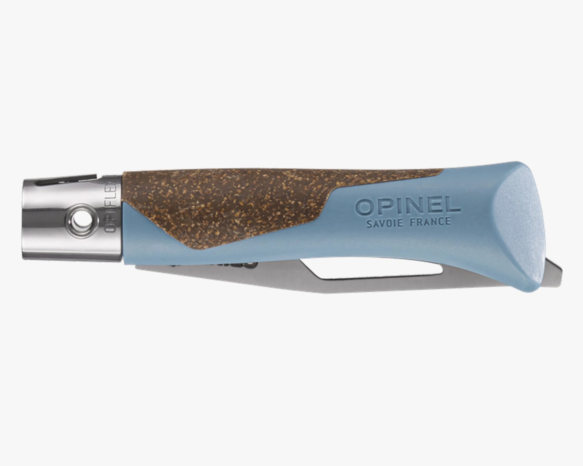 Blue and brown cork-handled Opinel folding knife with stainless steel collar and blade.