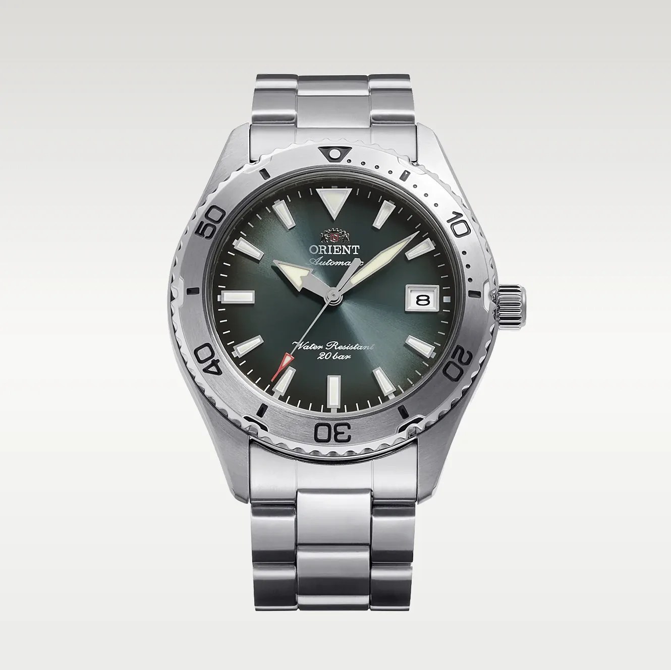 Stainless steel Orient automatic wristwatch with green dial, luminous hands, date window, and rotating bezel.