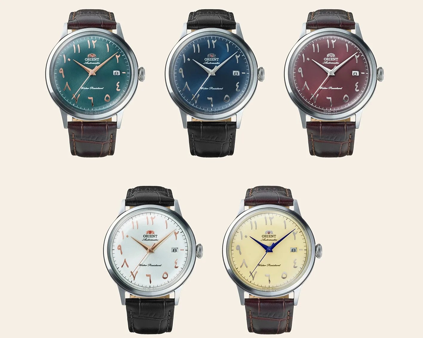 Five Orient automatic wristwatches with Arabic numeral dials in green, blue, burgundy, white, and cream, each with leather straps.