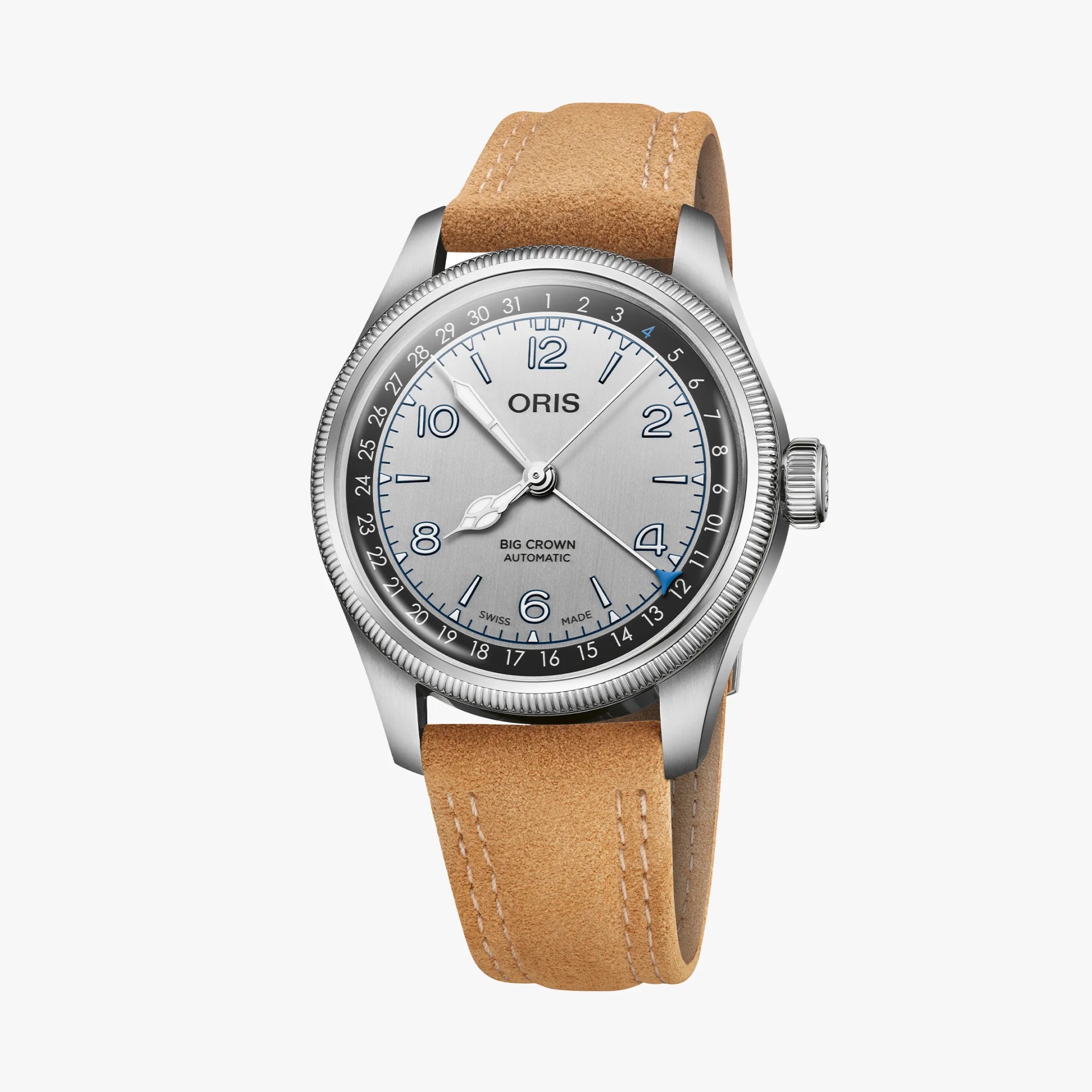 Silver Oris Big Crown Automatic watch with blue numerals and tan leather strap.