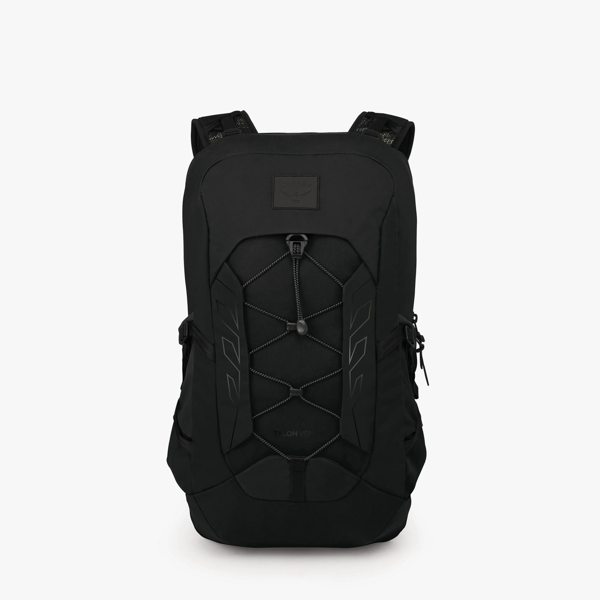 Black Osprey Talon VSN 11 backpack with front bungee cord and padded shoulder straps.