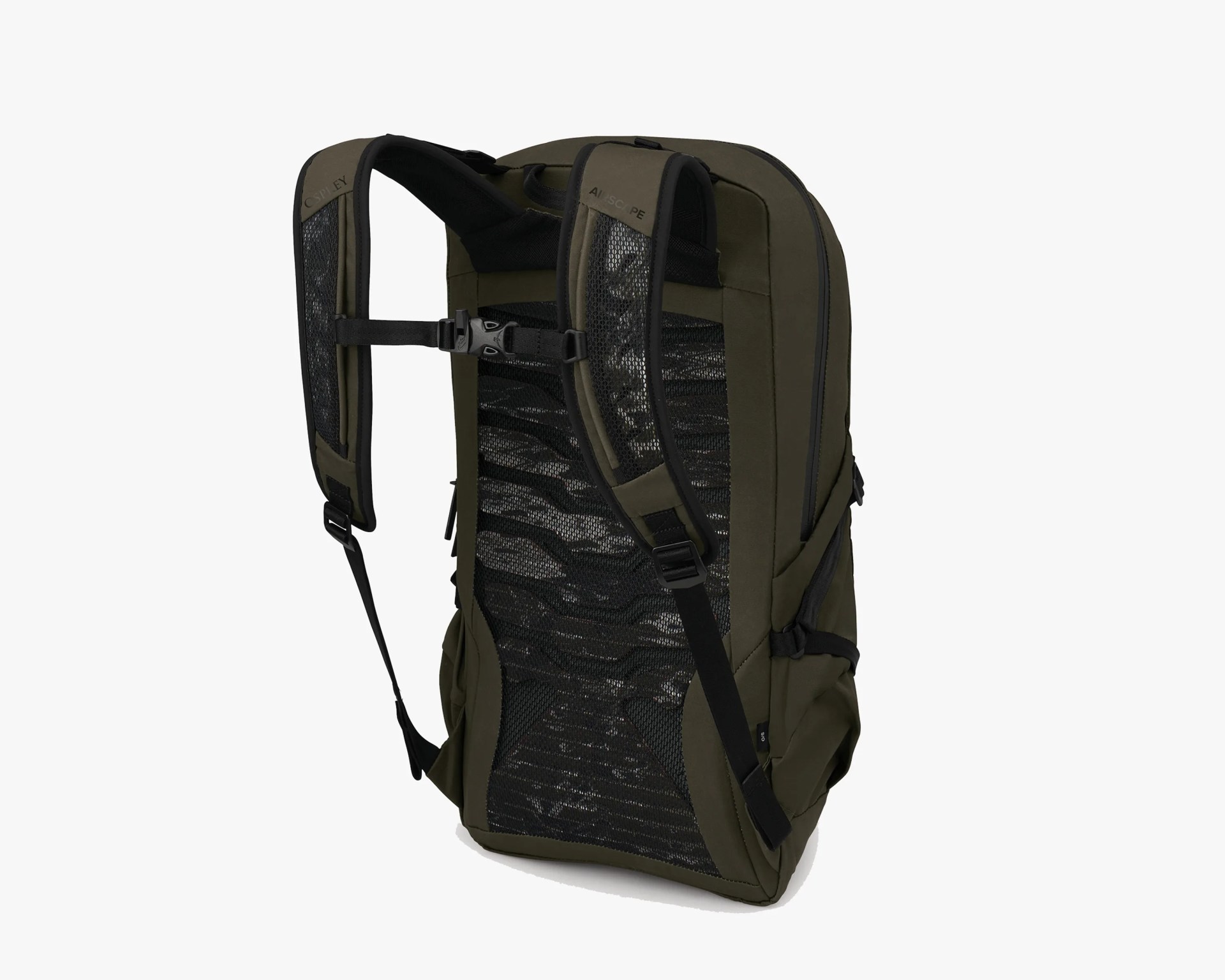 Olive green backpack with black mesh back panel and padded shoulder straps with chest buckle.