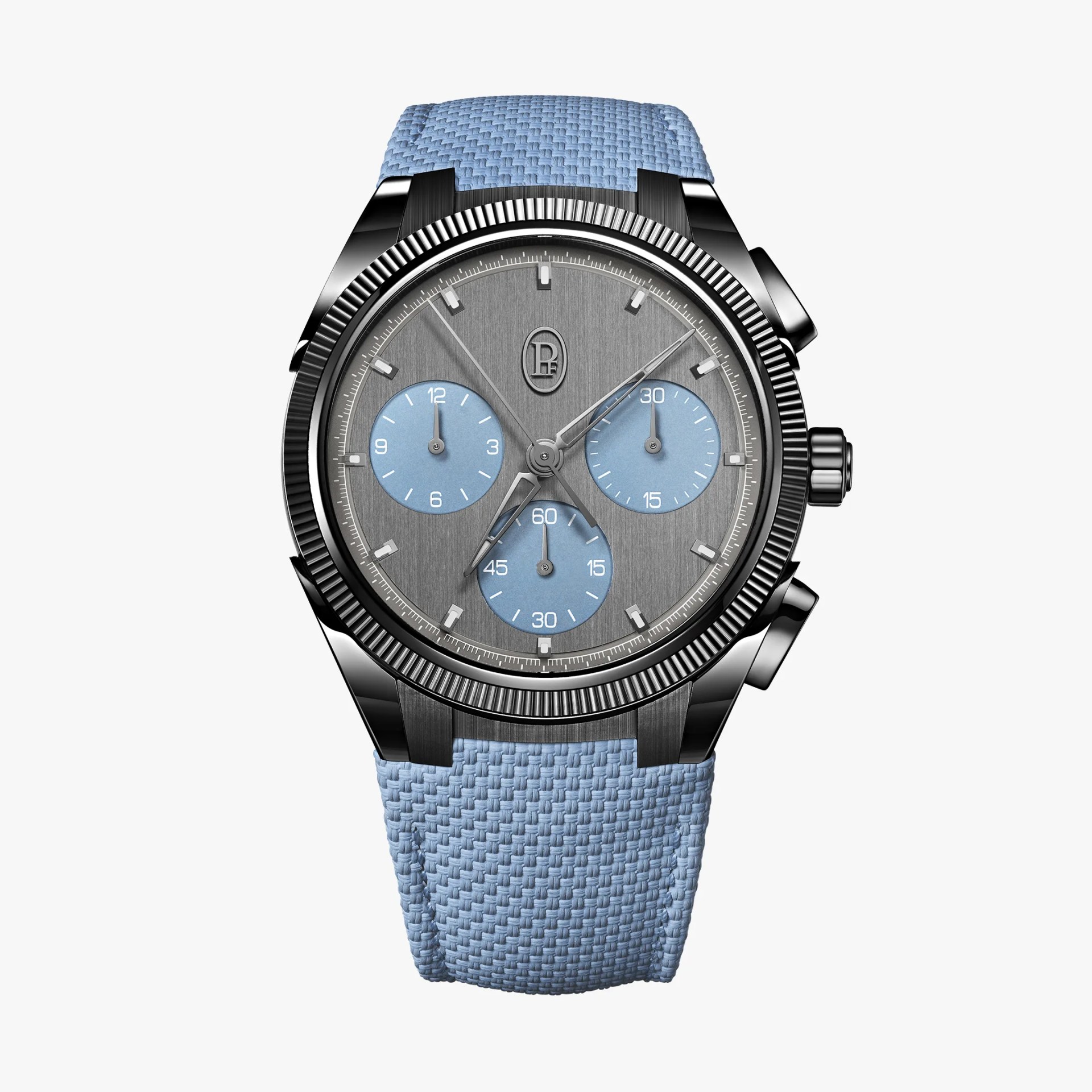 Chronograph wristwatch with a brushed gray dial, three light blue subdials, black fluted bezel, and light blue woven strap.