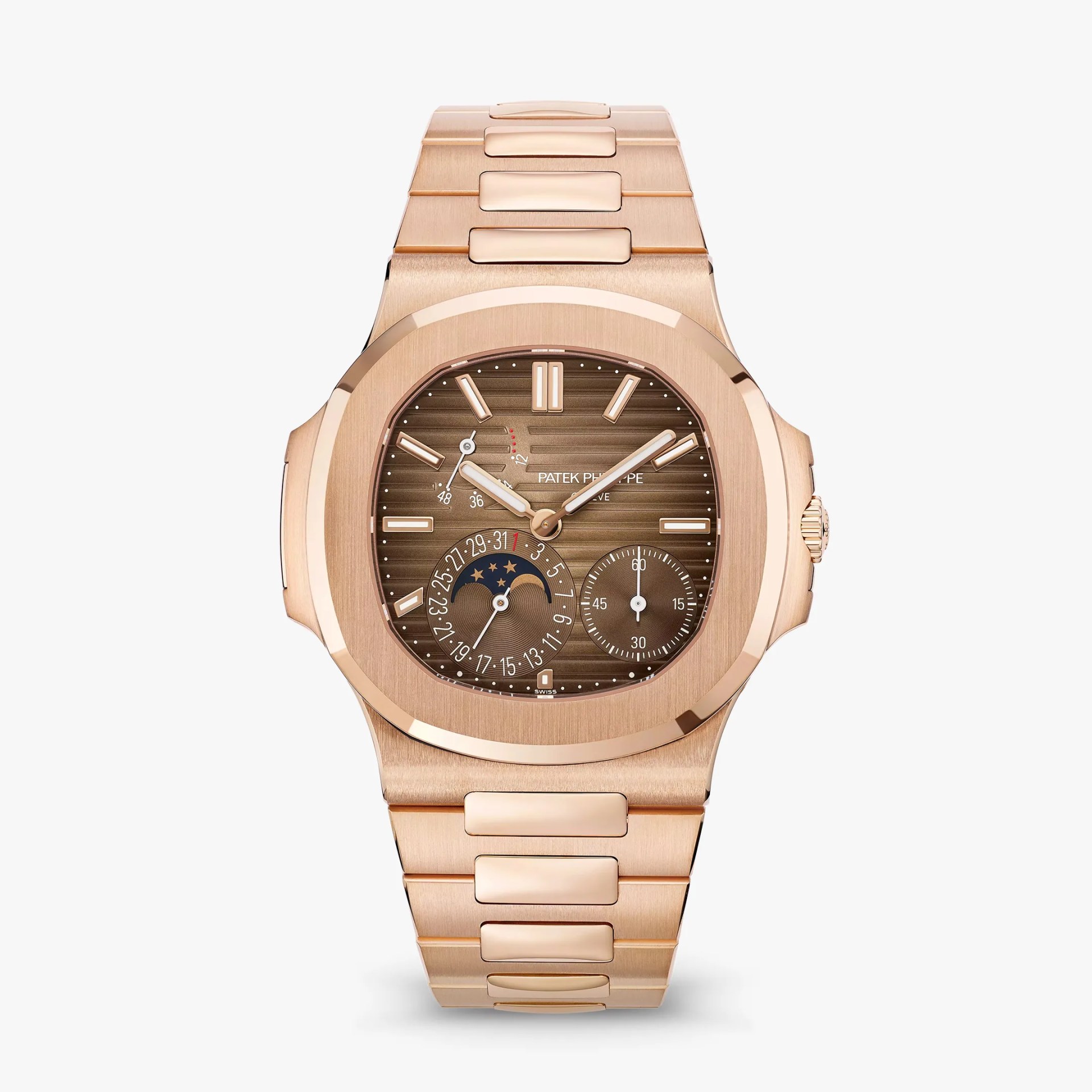 Rose gold Patek Philippe Nautilus watch with a brown dial featuring moon phase and date subdials.