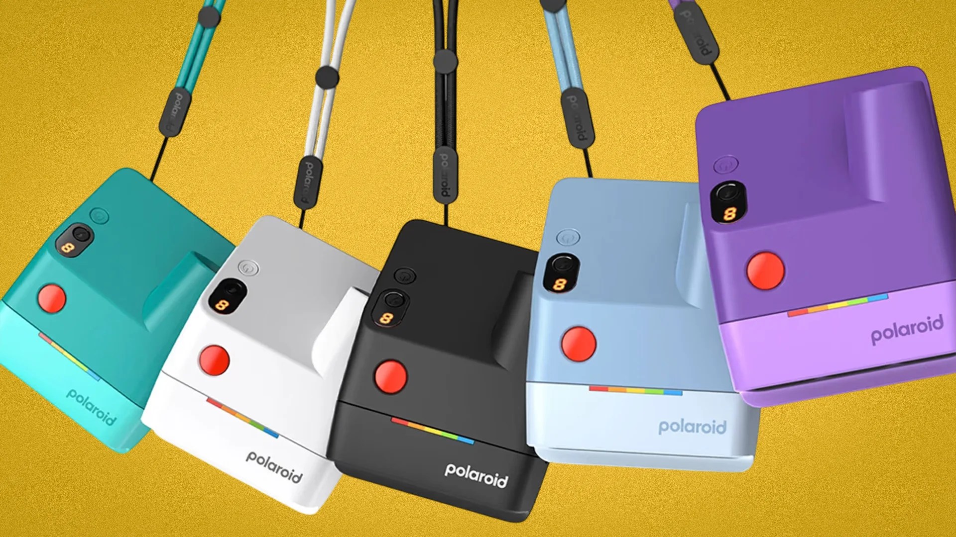 Five Polaroid instant cameras in teal, white, black, light blue, and purple, each with a red shutter button and wrist strap, against a yellow background.