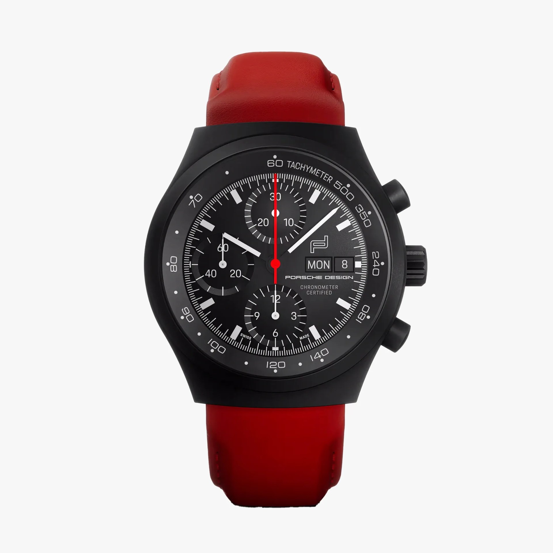 Black chronograph watch with tachymeter scale, red second hand, and red leather strap.