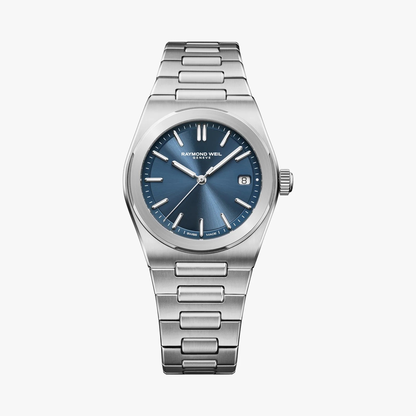 Stainless steel Raymond Weil wristwatch with blue dial, silver hour markers, and date window at 3 o'clock.