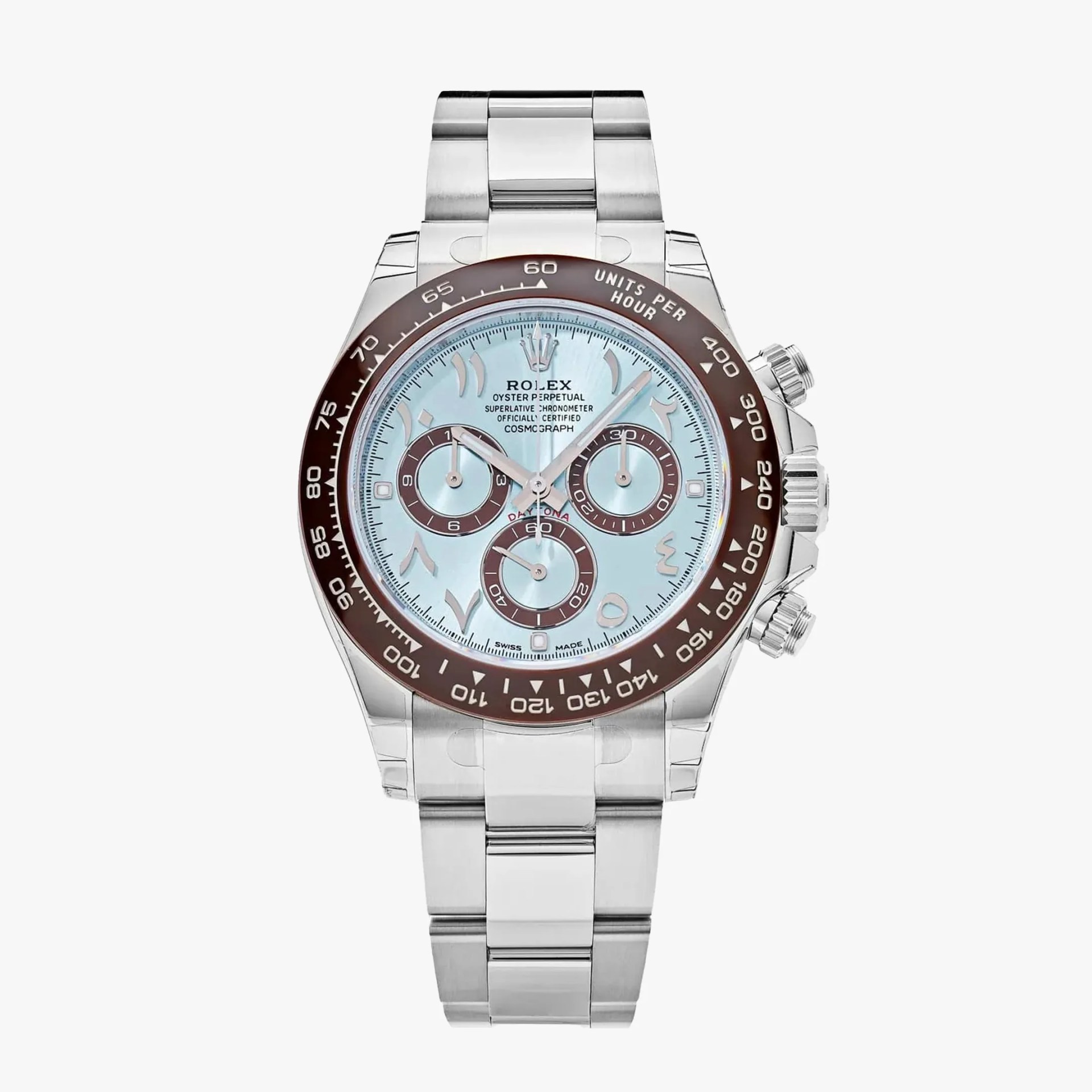 Silver Rolex Oyster Perpetual Cosmograph Daytona watch with light blue dial and brown bezel.