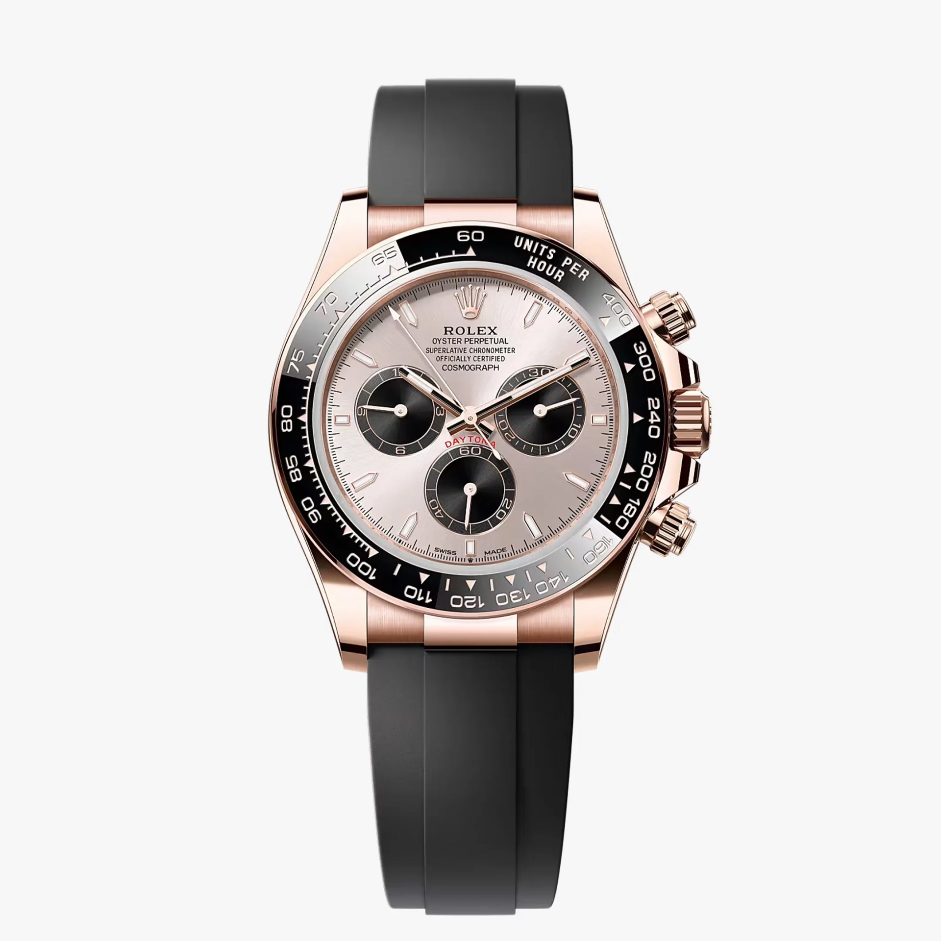 Rolex Oyster Perpetual Cosmograph Daytona watch with rose gold case, black ceramic bezel, and black rubber strap.