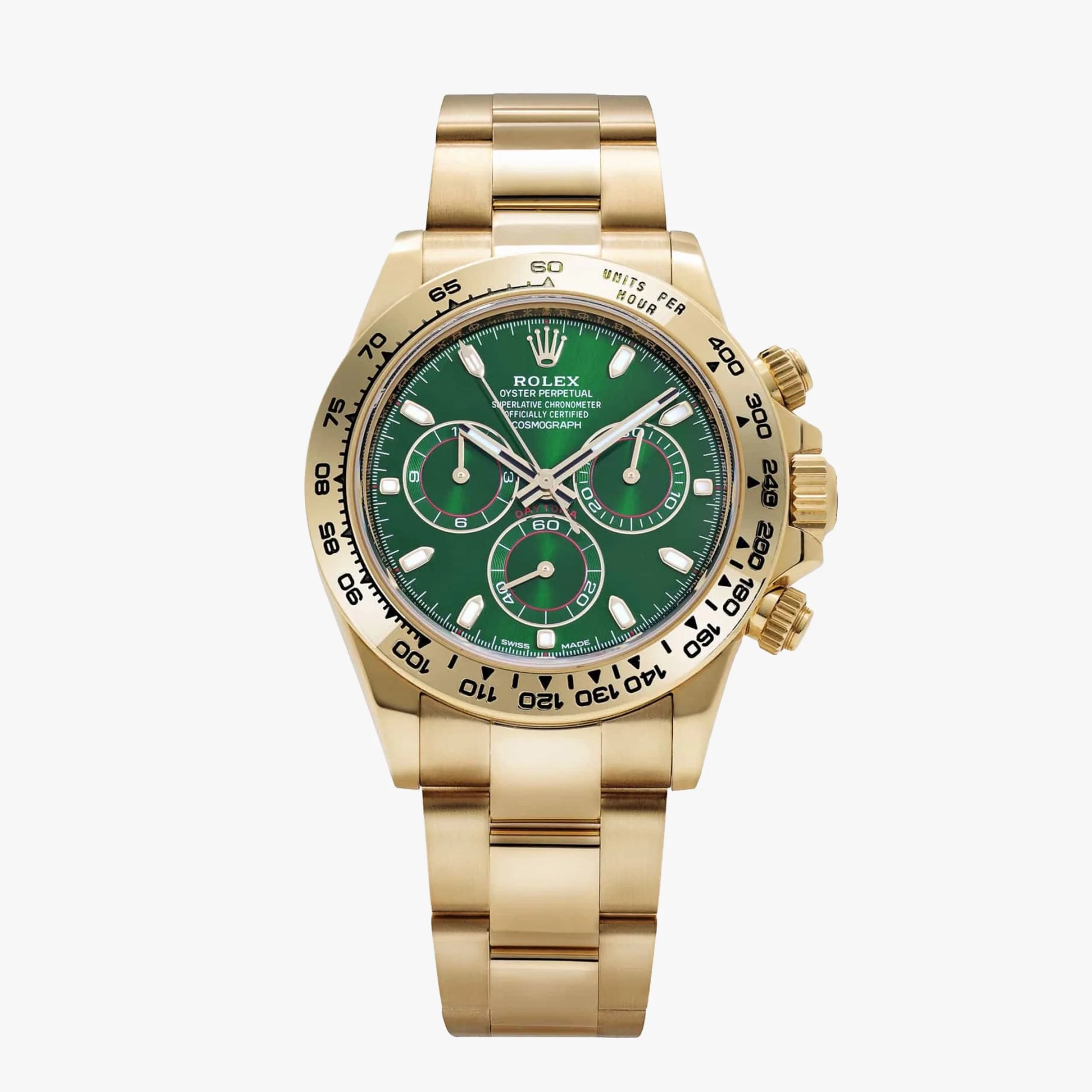 Gold Rolex Oyster Perpetual Cosmograph Daytona watch with green dial and chronograph subdials.