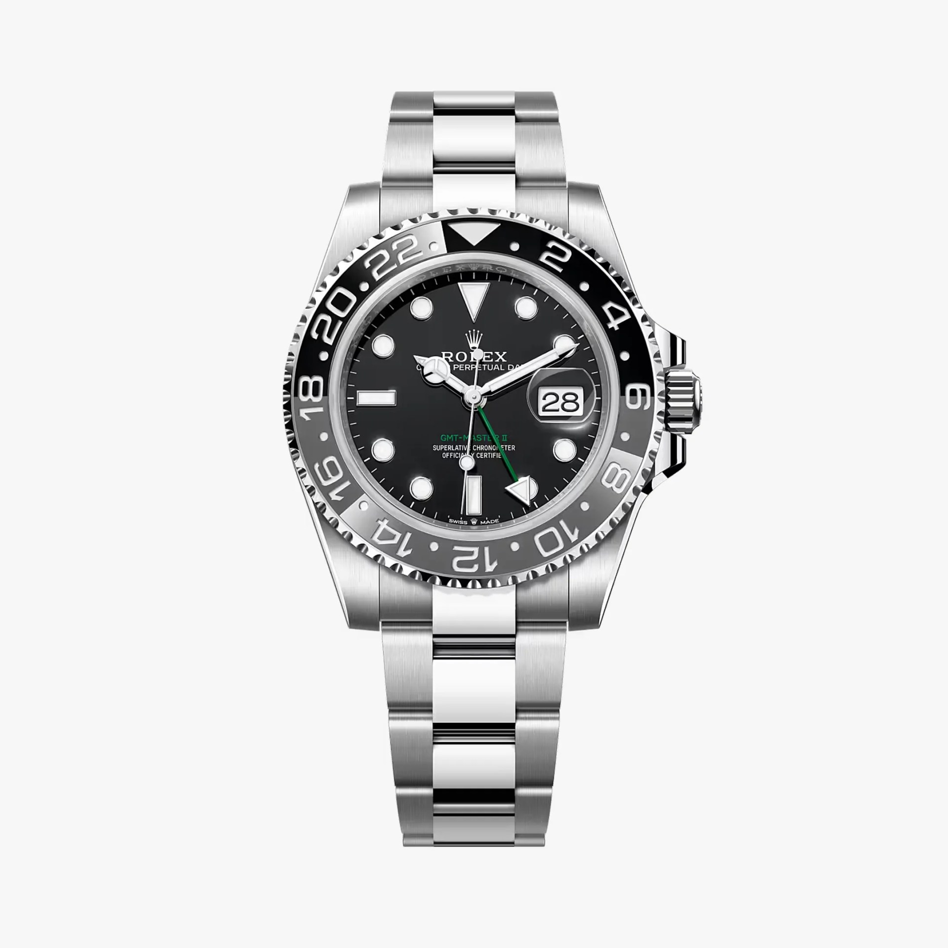 Stainless steel Rolex GMT-Master II watch with black dial, black and silver 24-hour bezel, and oyster bracelet.