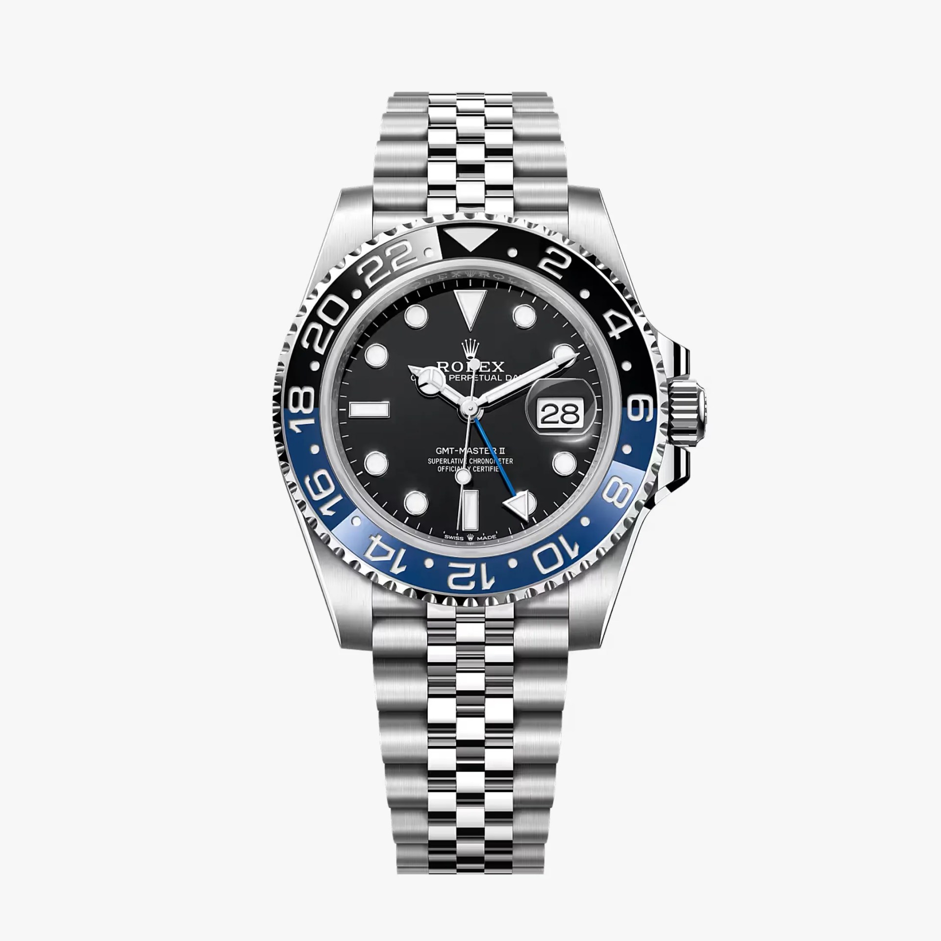Stainless steel Rolex GMT-Master II watch with black and blue bezel and Jubilee bracelet.