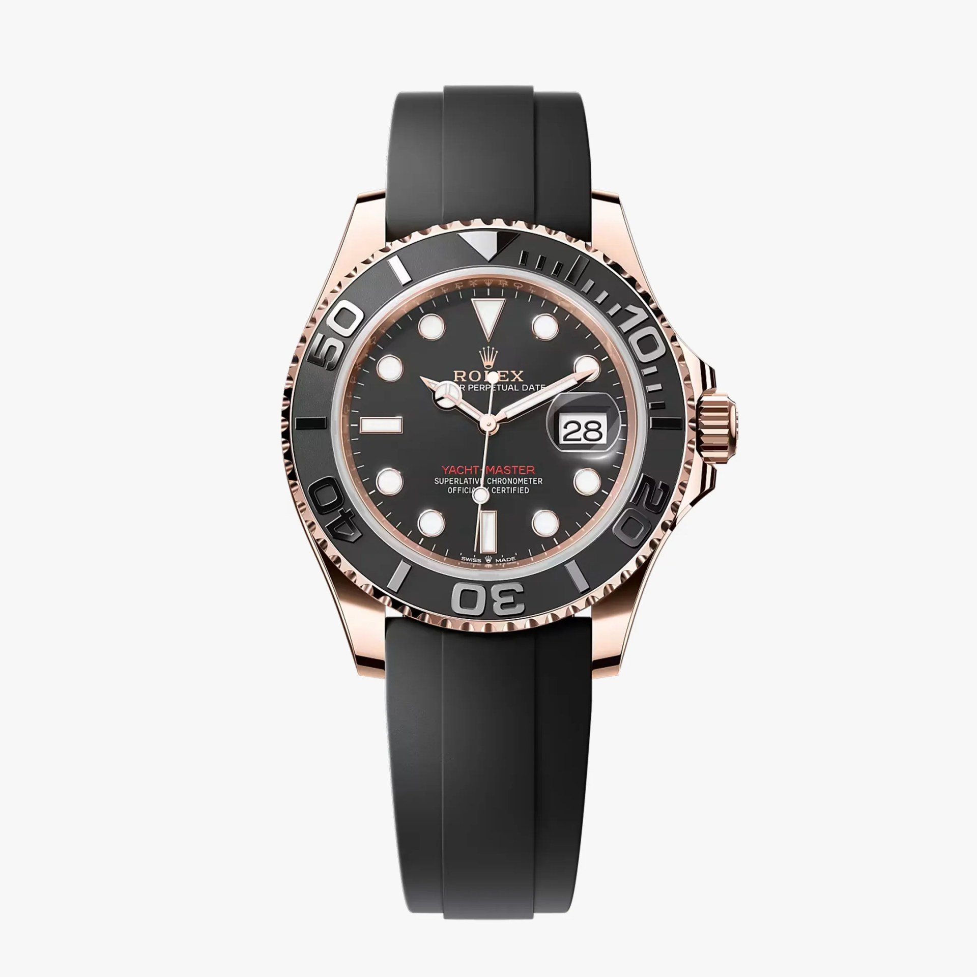 Black dial Rolex Yacht-Master watch with rose gold case, black ceramic bezel, and black rubber strap.