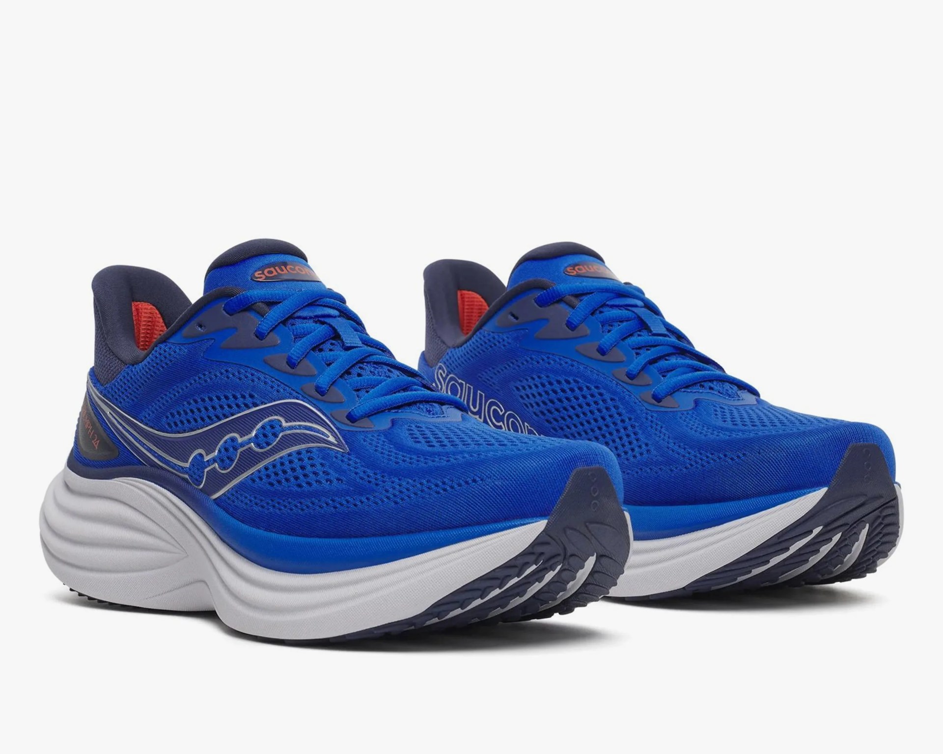 Pair of blue Saucony running shoes with white midsoles and black outsoles on a white background.