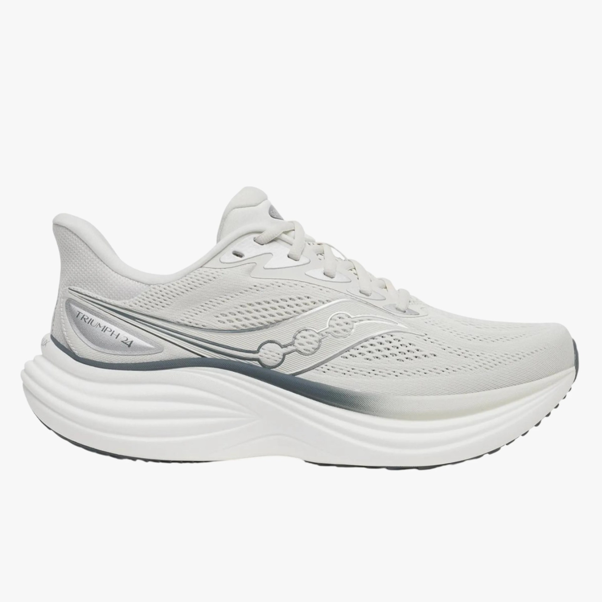 Light gray Saucony Triumph 24 running shoe with mesh upper and thick cushioned sole.