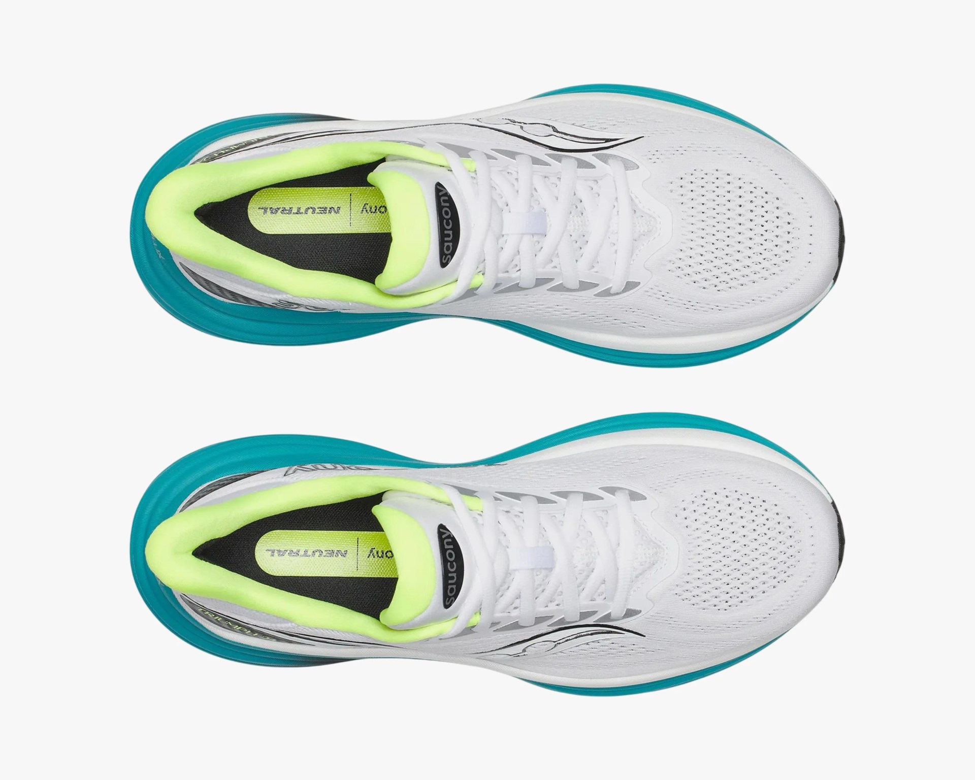 Pair of white Saucony running shoes with teal midsoles and neon yellow inner lining, viewed from above.