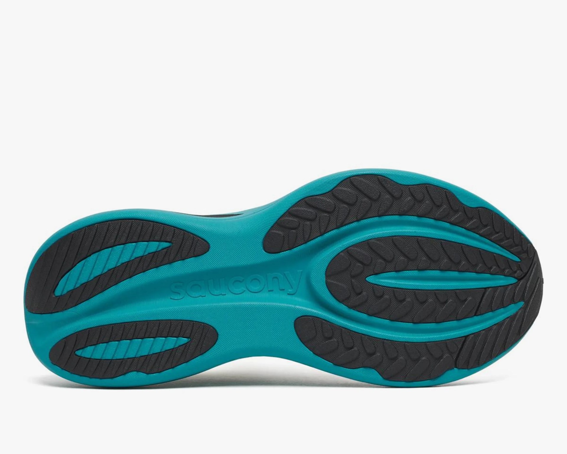 Teal and black Saucony shoe sole with textured grip patterns.