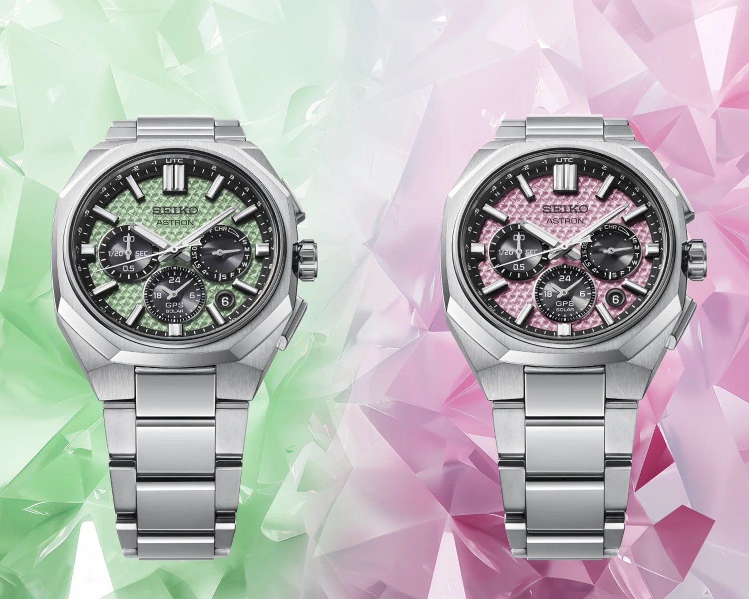 Two Seiko Astron GPS Solar watches with textured dials, one in light green and the other in light pink, both with silver metal bands.
