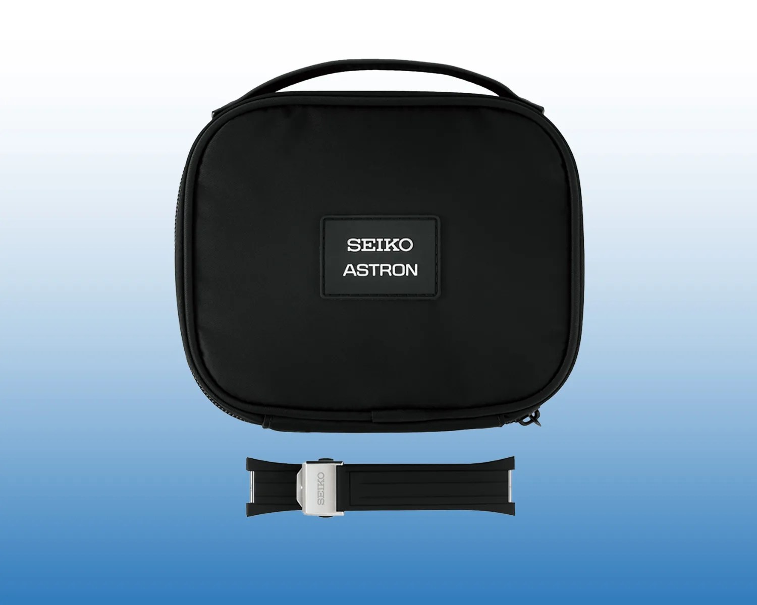 Black Seiko Astron zippered carrying case with a black rubber watch strap featuring a silver clasp below it.