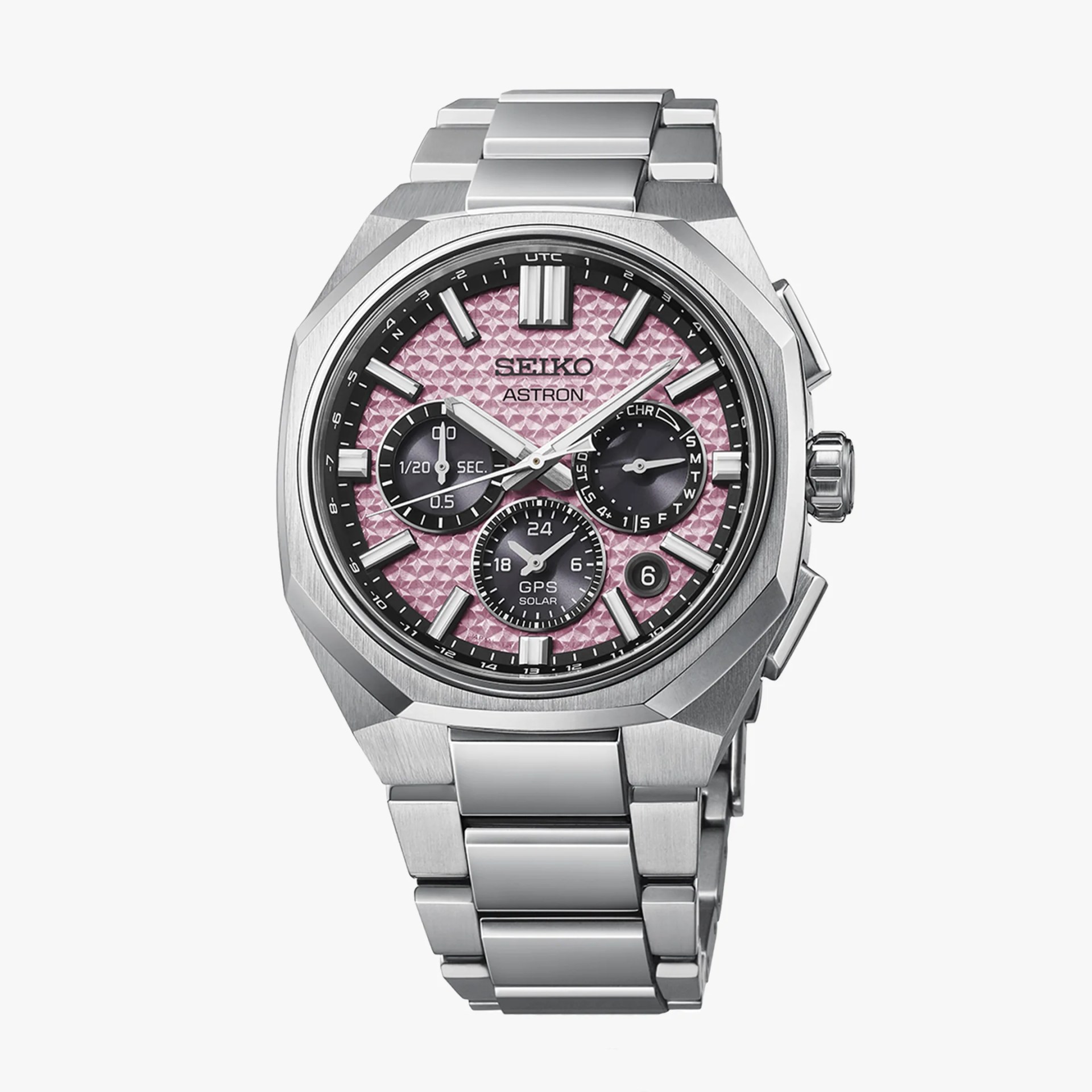 Stainless steel Seiko Astron GPS solar watch with pink textured dial and three black subdials.