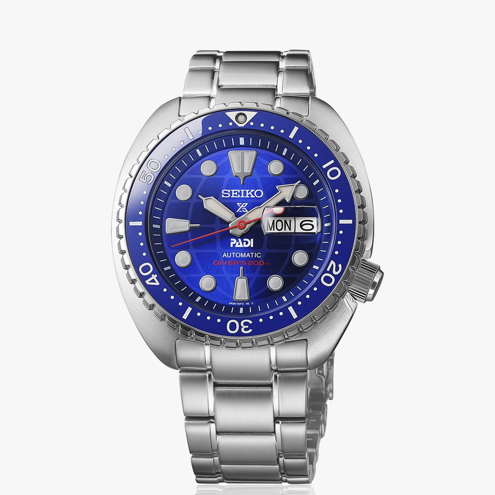 Stainless steel Seiko automatic diver's watch with blue dial and day-date display.